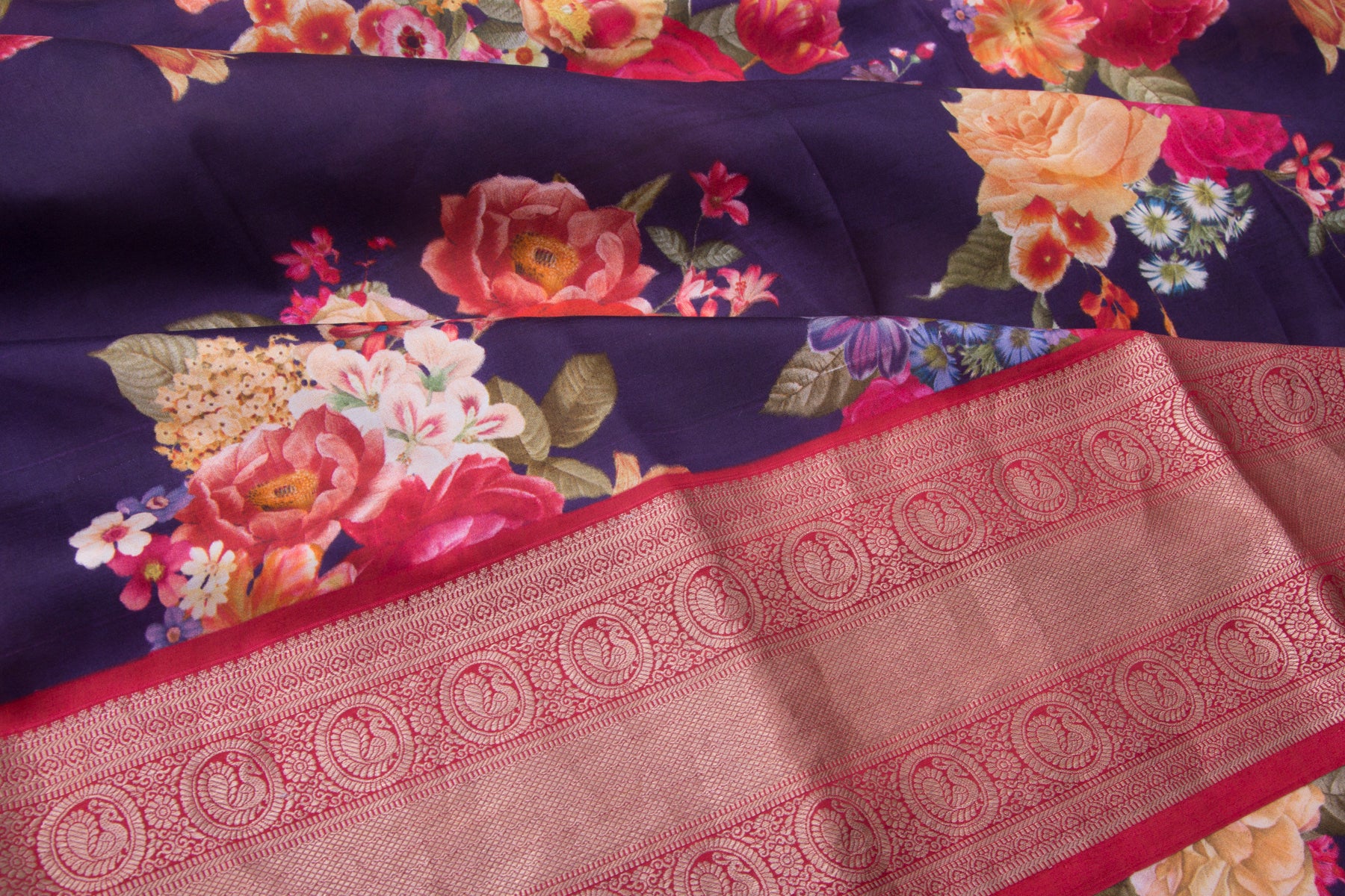 Kanchipuram Silk Floral Printed Purple Saree