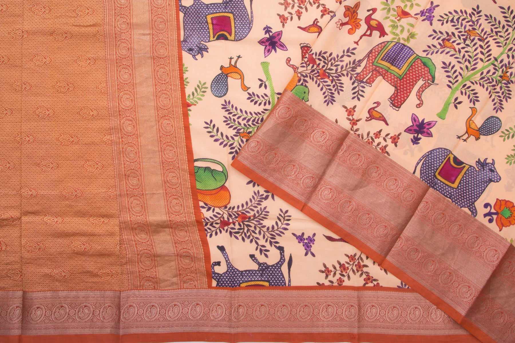 Kanchipuram Silk Floral Printed Pastel Orange Saree