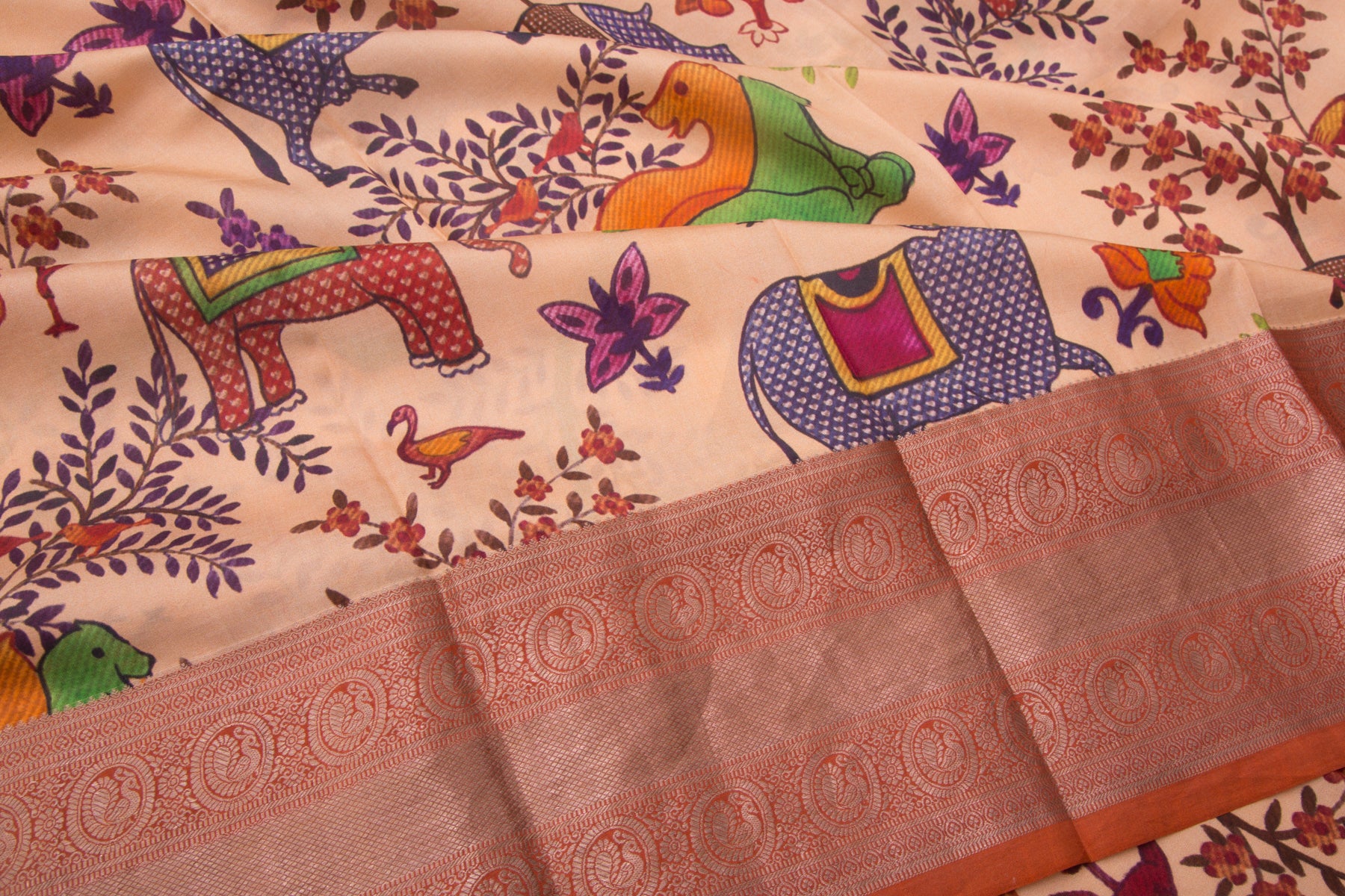 Kanchipuram Silk Floral Printed Pastel Orange Saree