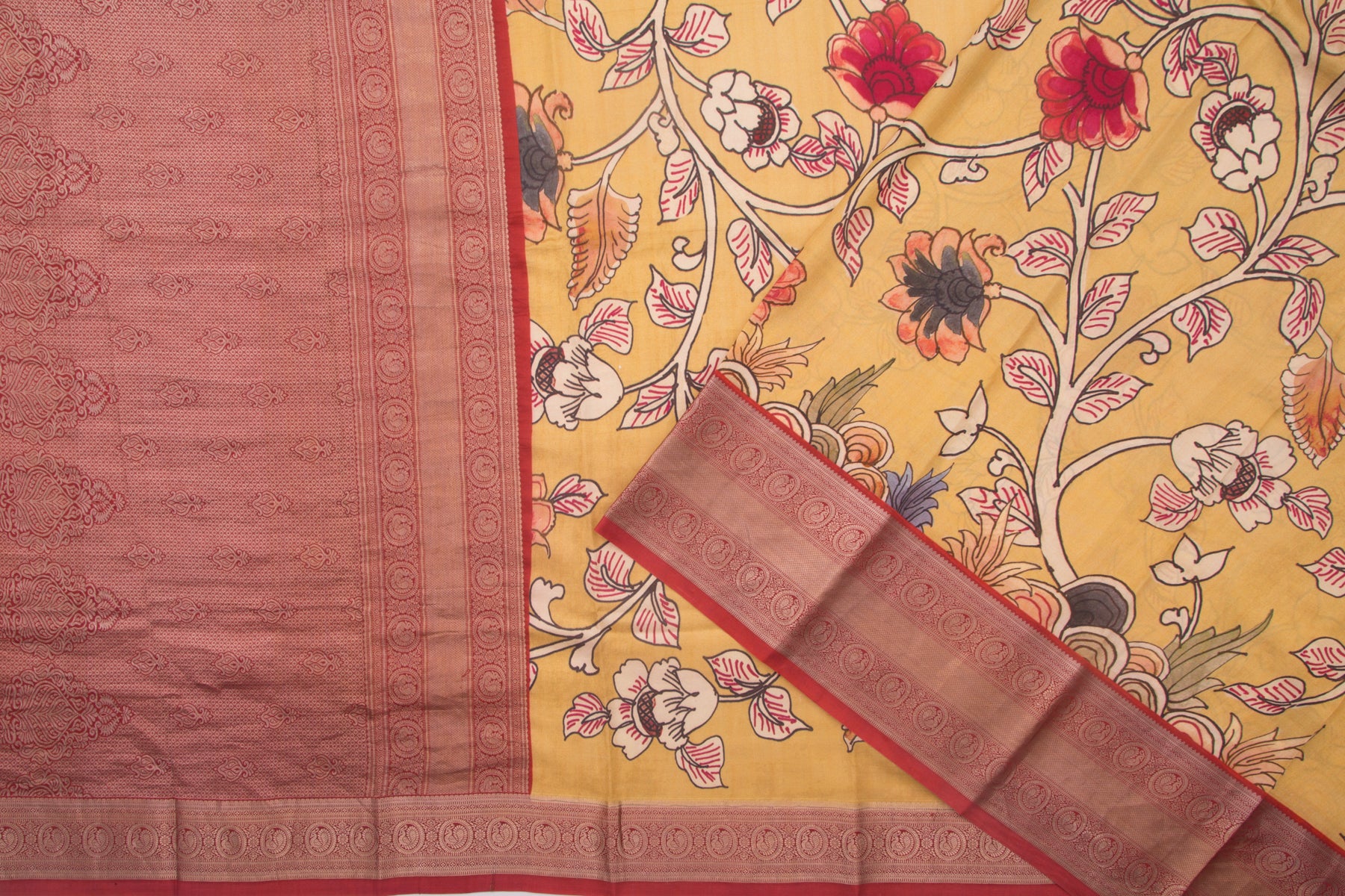 Kanchipuram Silk Floral Printed Yellow Saree