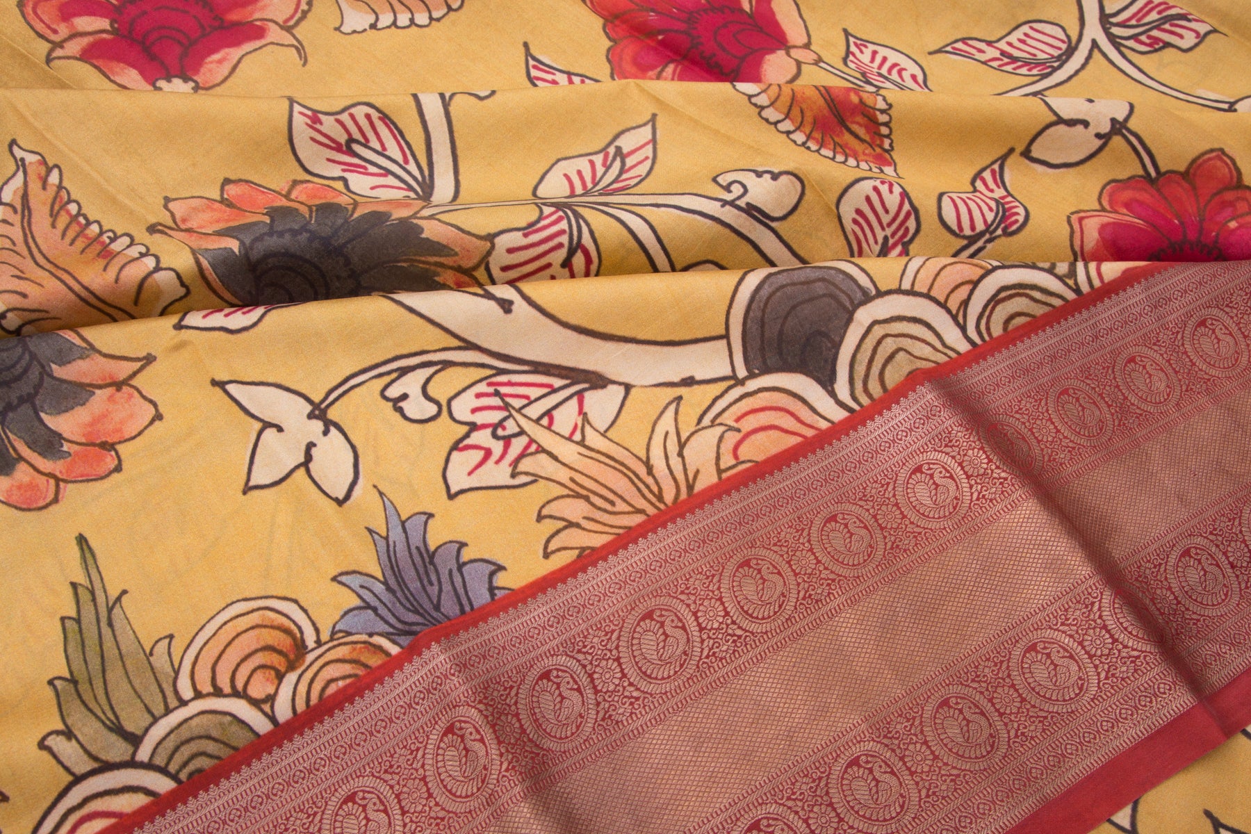 Kanchipuram Silk Floral Printed Yellow Saree