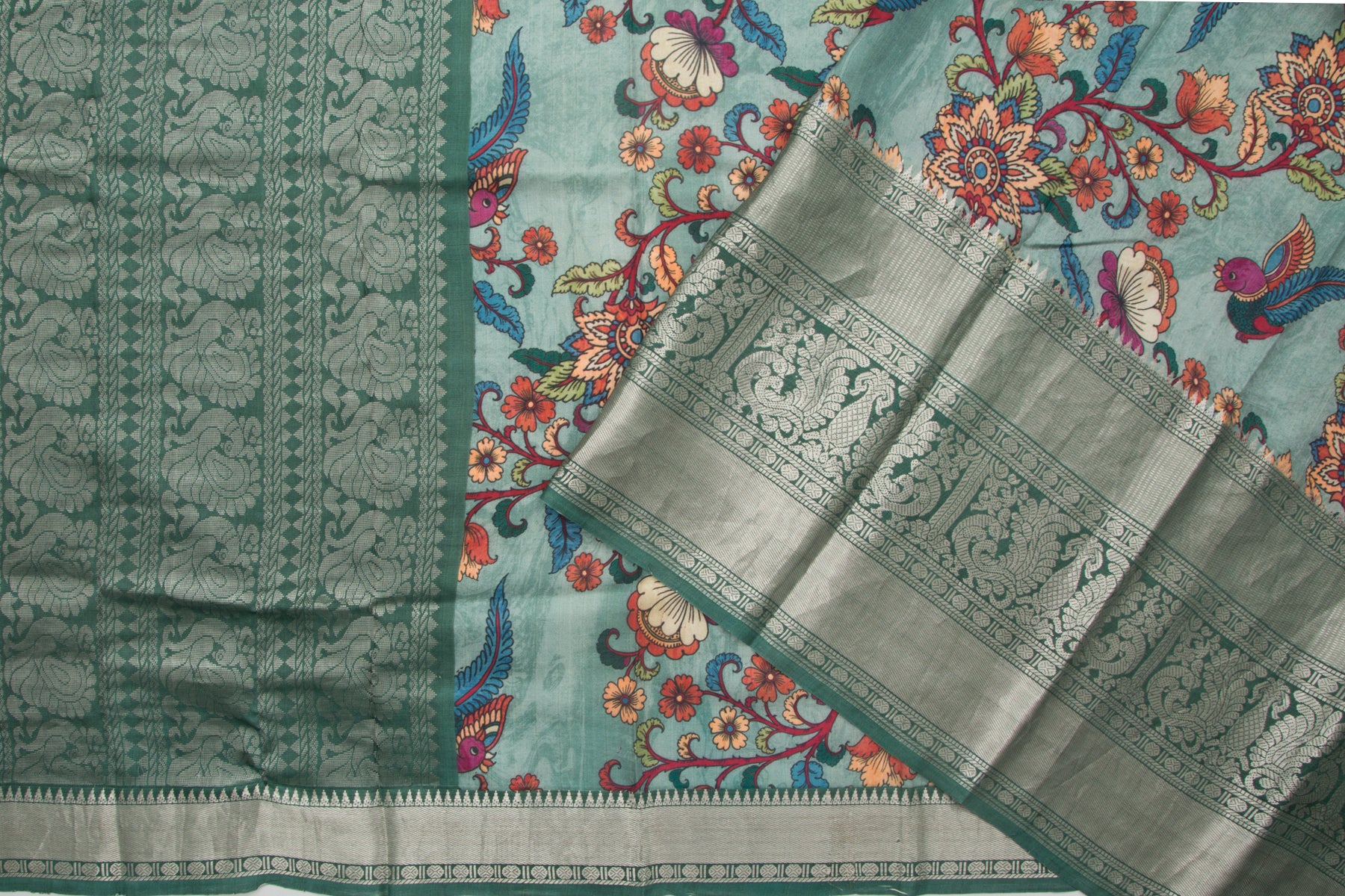 Kanchipuram Silk Floral Printed Pastel Green Saree
