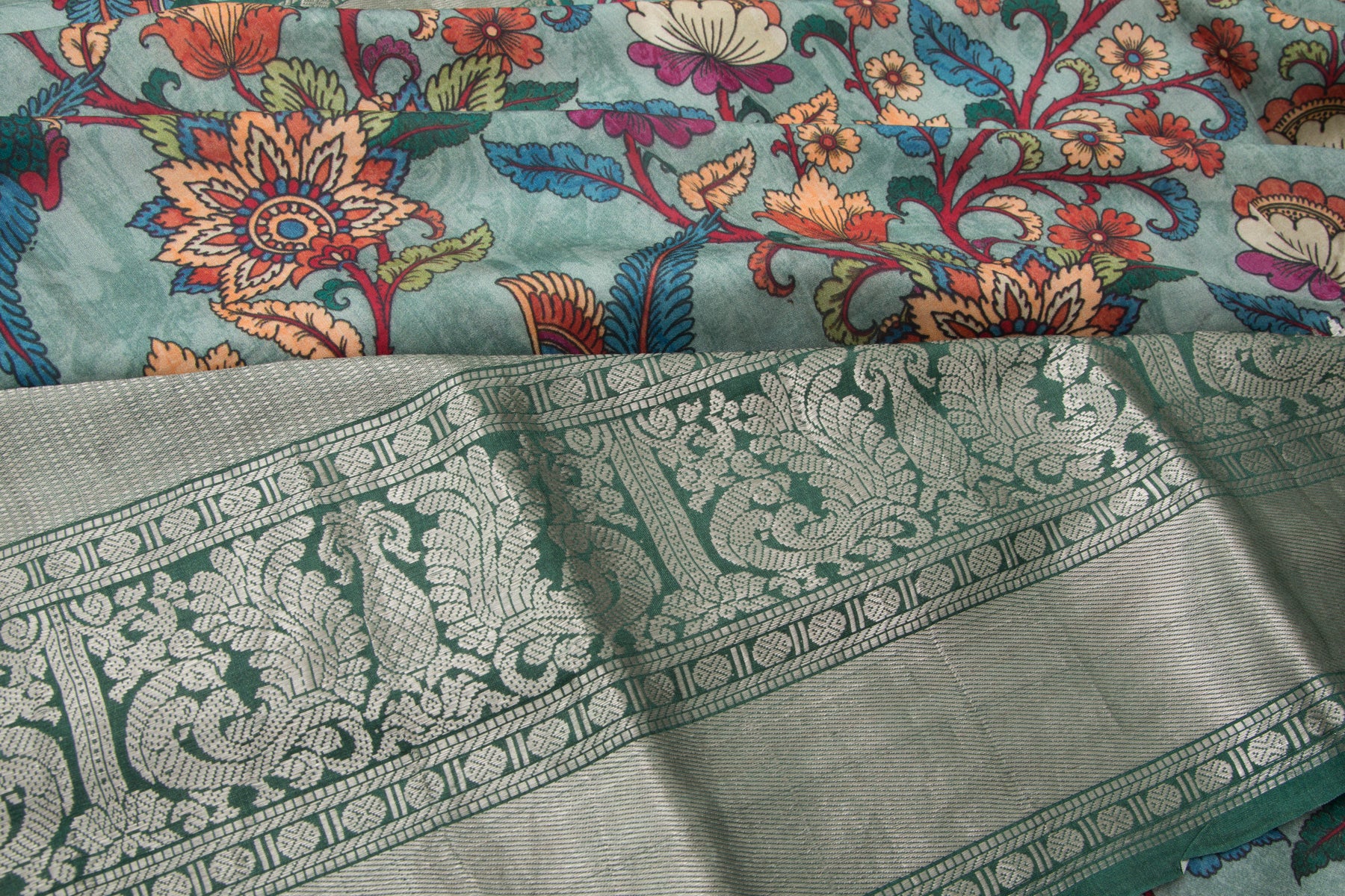 Kanchipuram Silk Floral Printed Pastel Green Saree