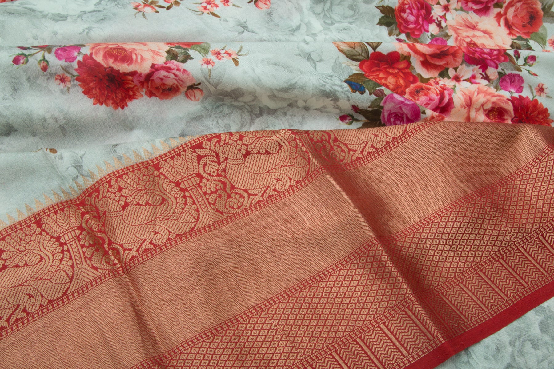 Kanchipuram Silk Floral Printed Grey Saree