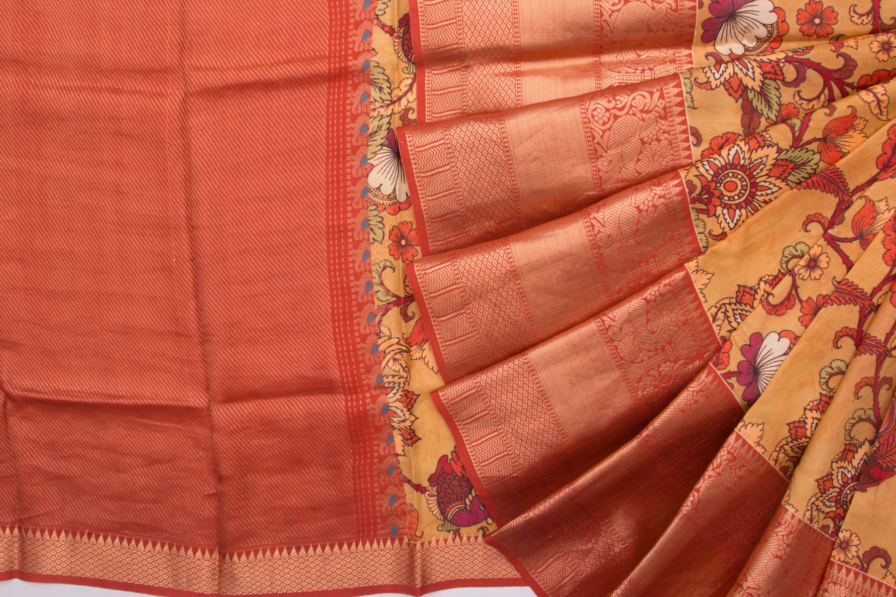 Kanchipuram Silk Floral Printed Mustard Yellow Saree