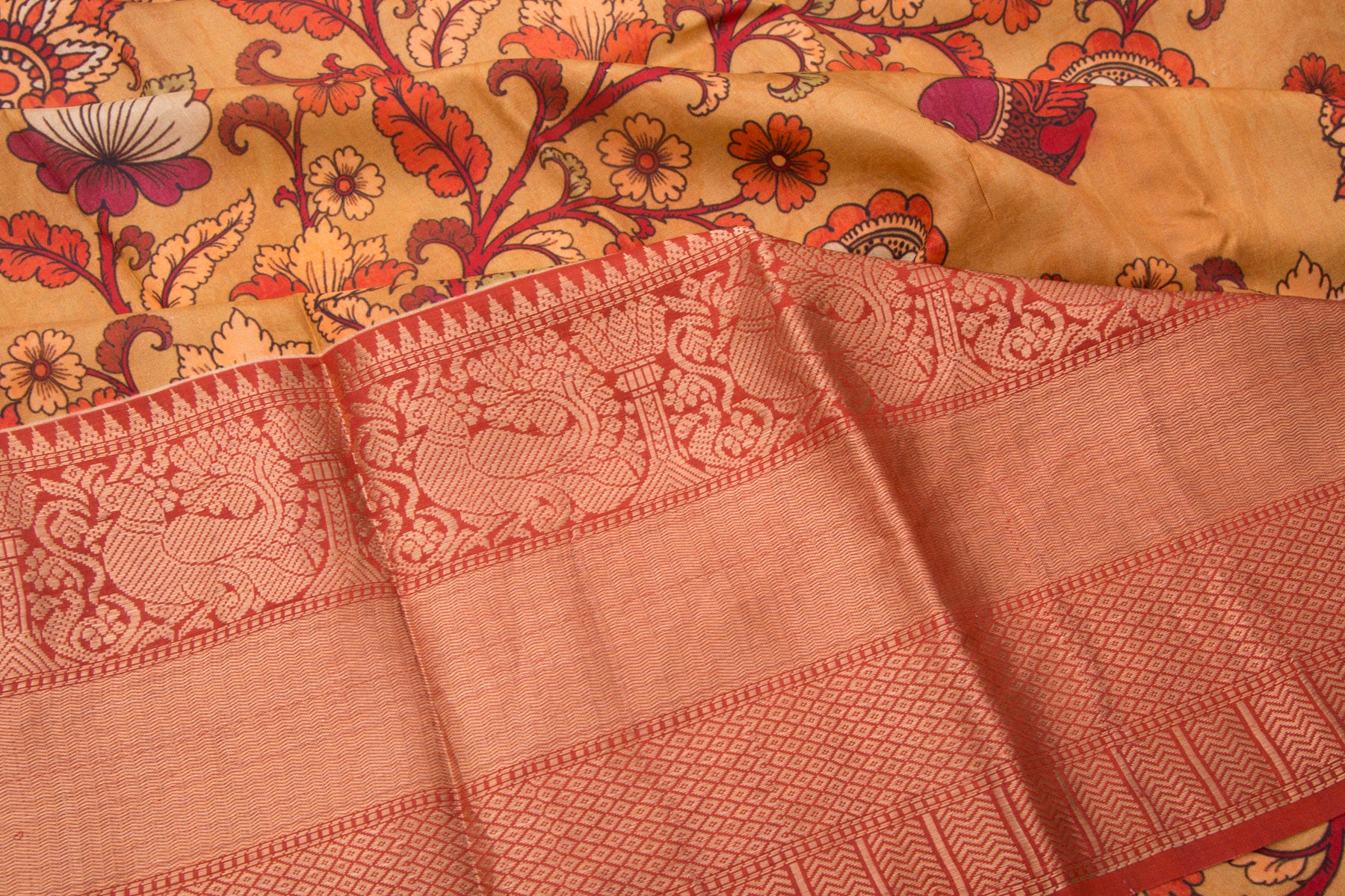 Kanchipuram Silk Floral Printed Mustard Yellow Saree