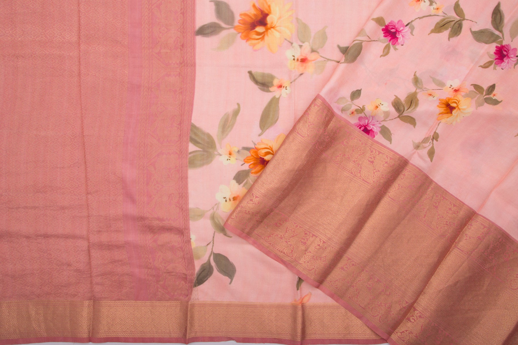 Kanchipuram Silk Floral Printed Pastel Pink Saree