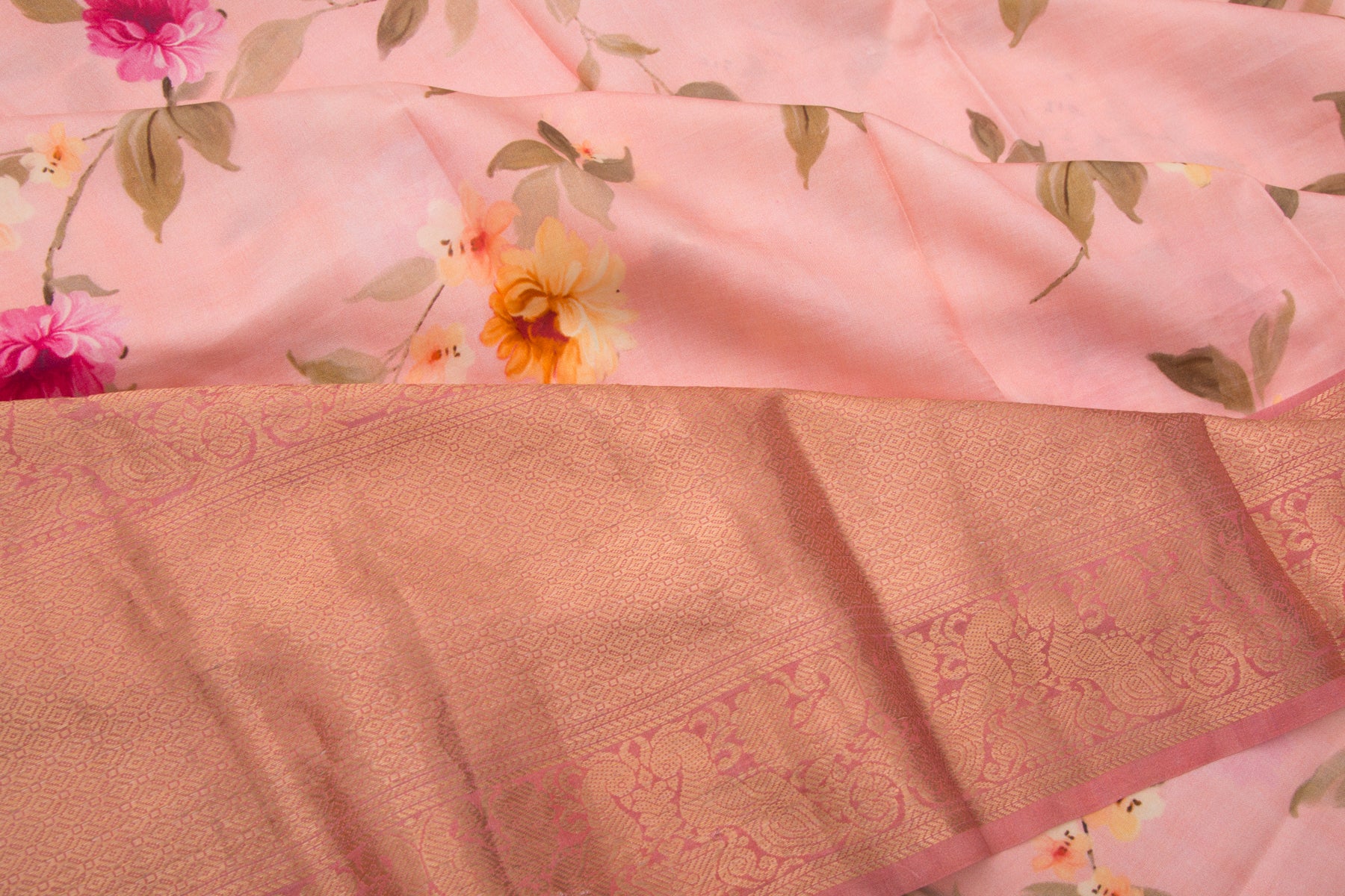 Kanchipuram Silk Floral Printed Pastel Pink Saree