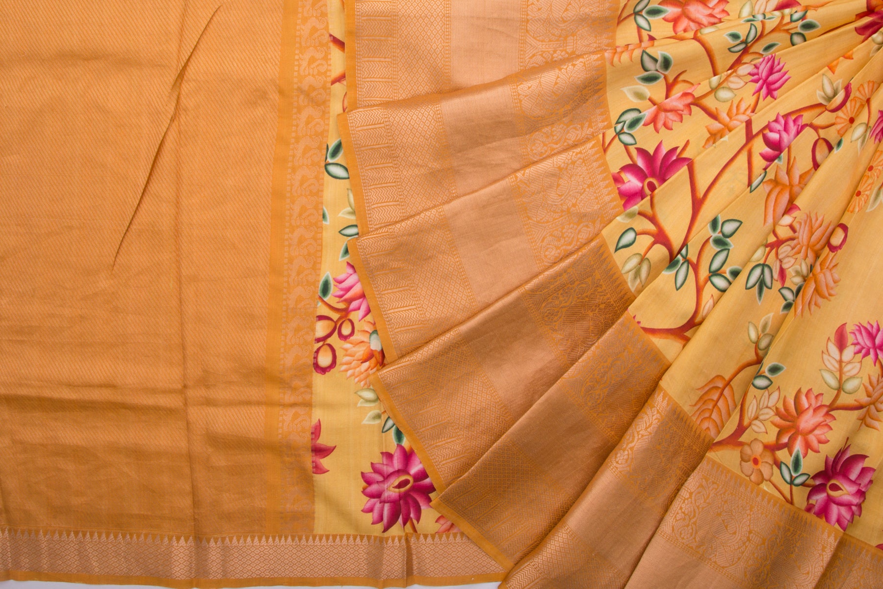 Kanchipuram Silk Floral Printed Yellow Saree