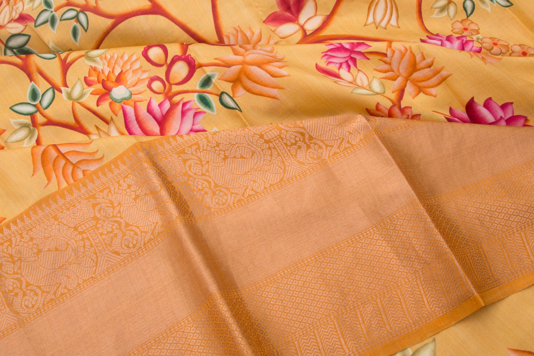 Kanchipuram Silk Floral Printed Yellow Saree