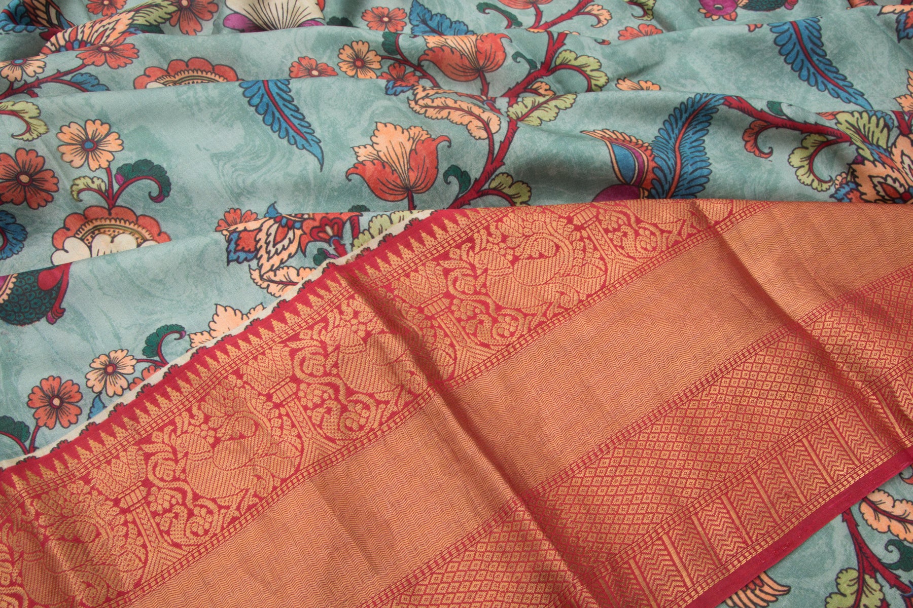 Kanchipuram Silk Floral Printed Pastel Blue Saree