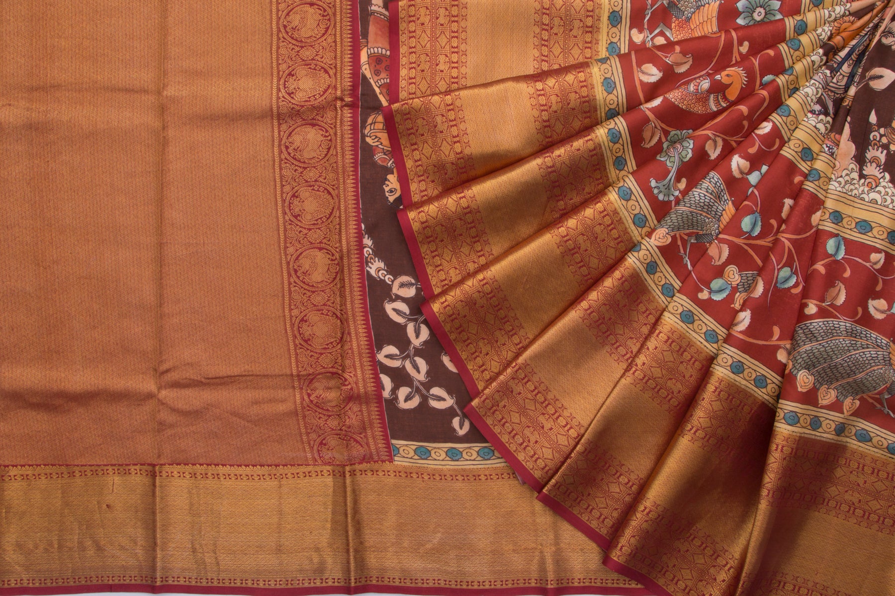 Kanchipuram Silk Floral Printed Brown Saree