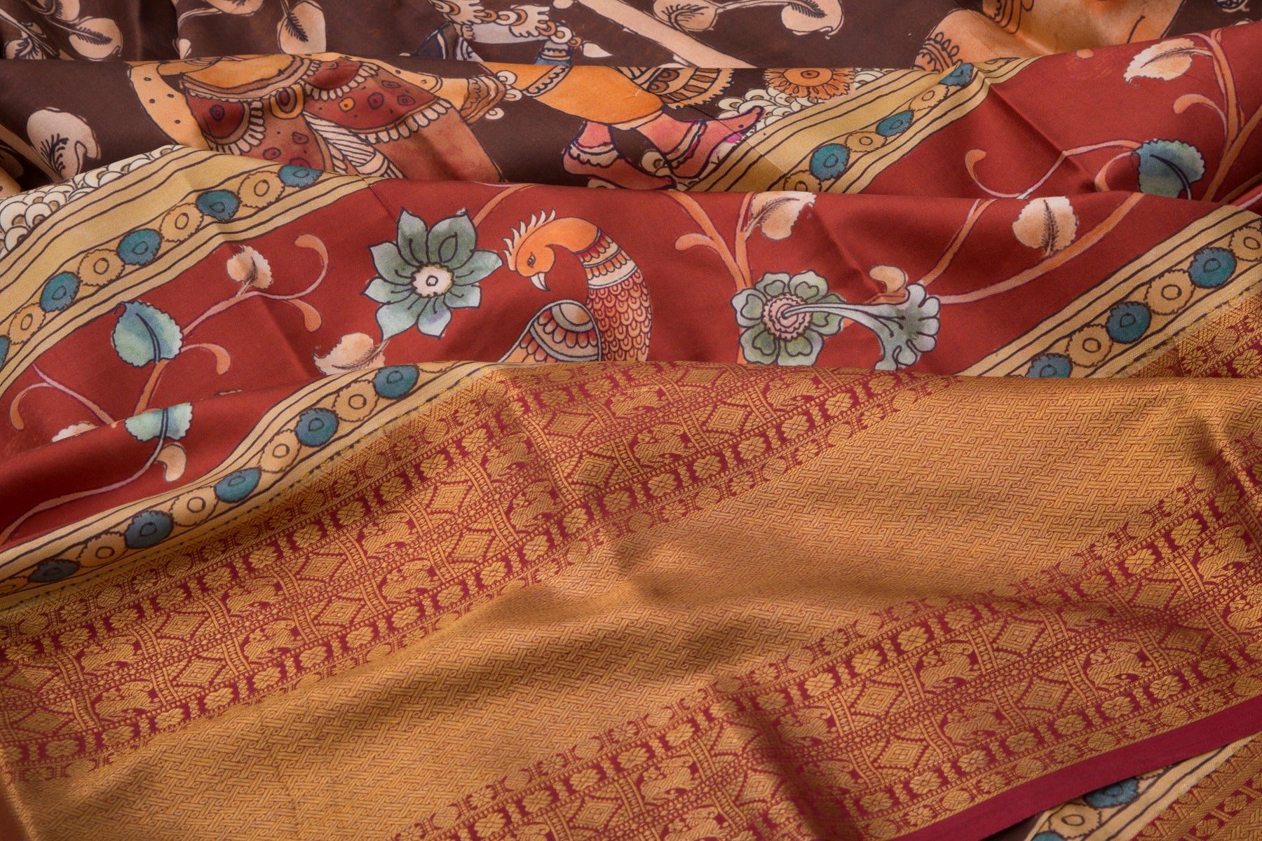 Kanchipuram Silk Floral Printed Brown Saree