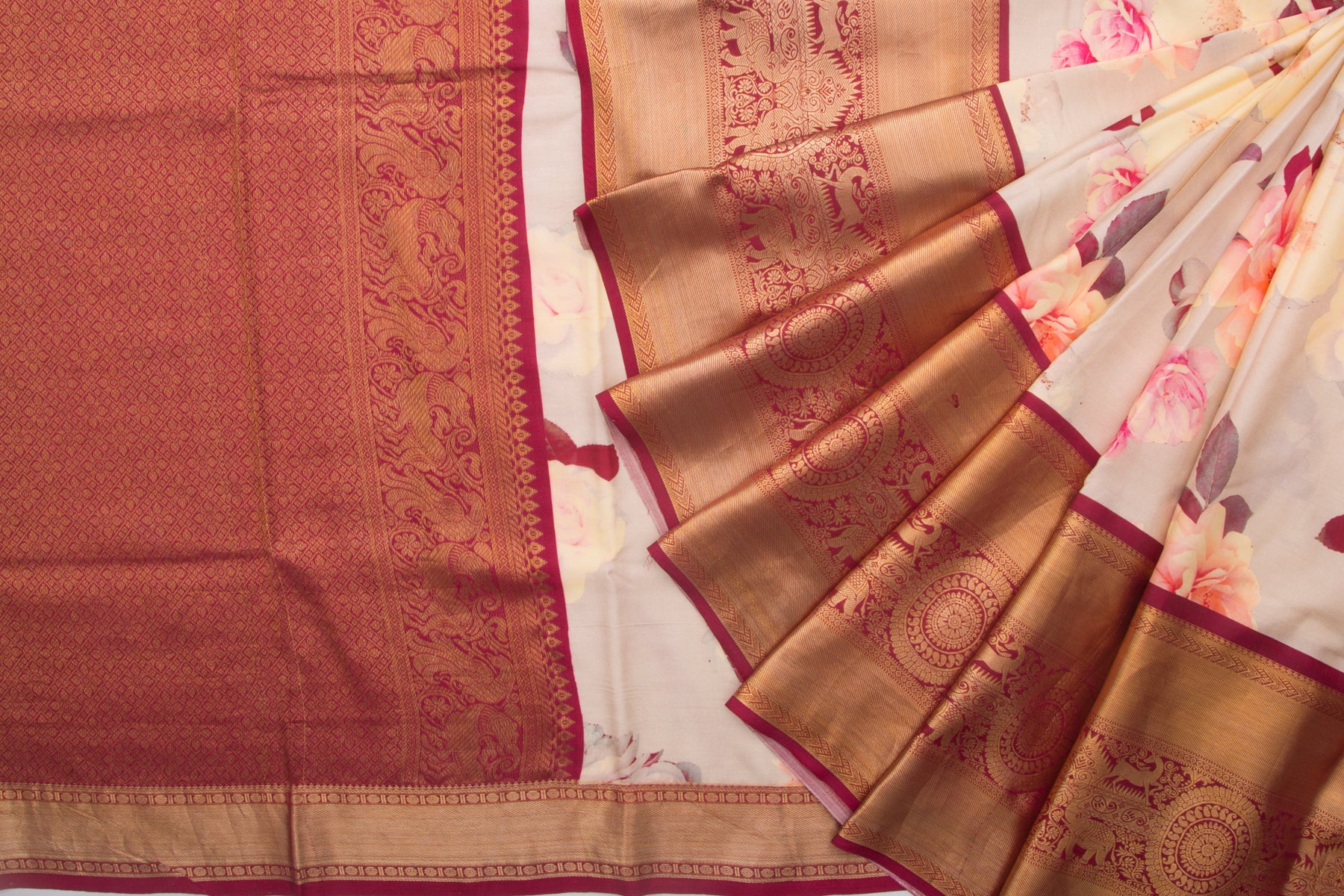 Kanchipuram Silk Floral Printed Beige Saree