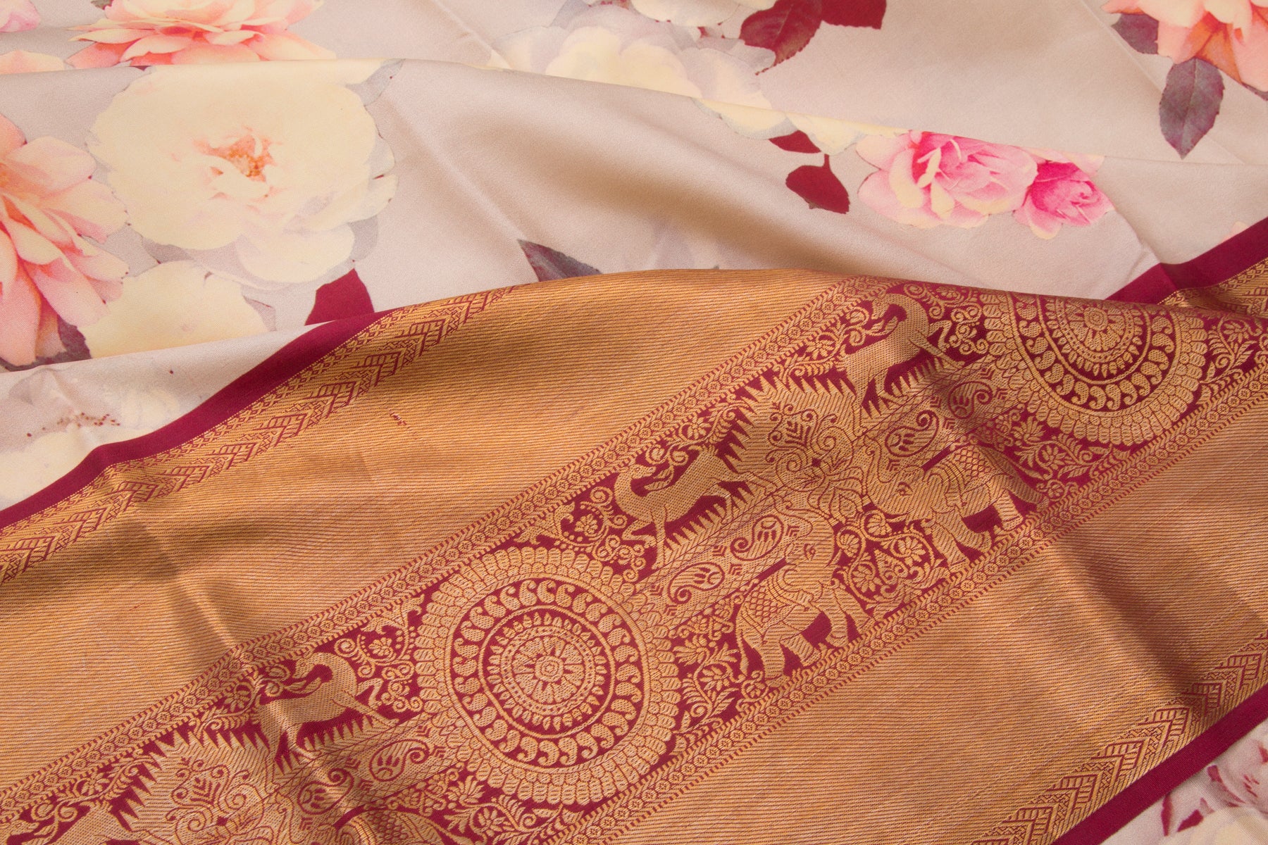 Kanchipuram Silk Floral Printed Beige Saree