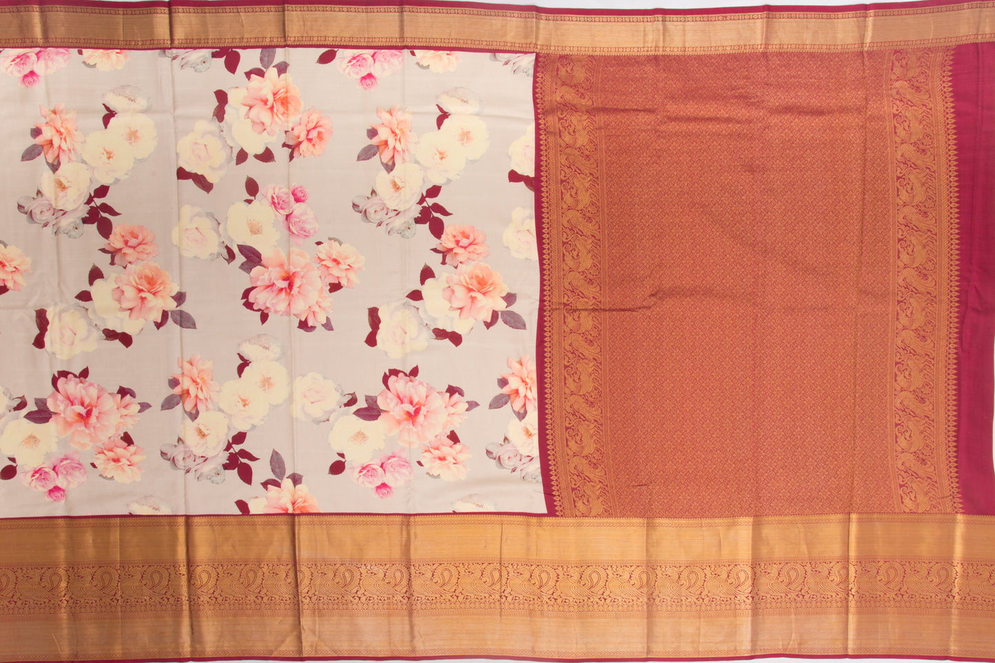Kanchipuram Silk Printed Cream Saree
