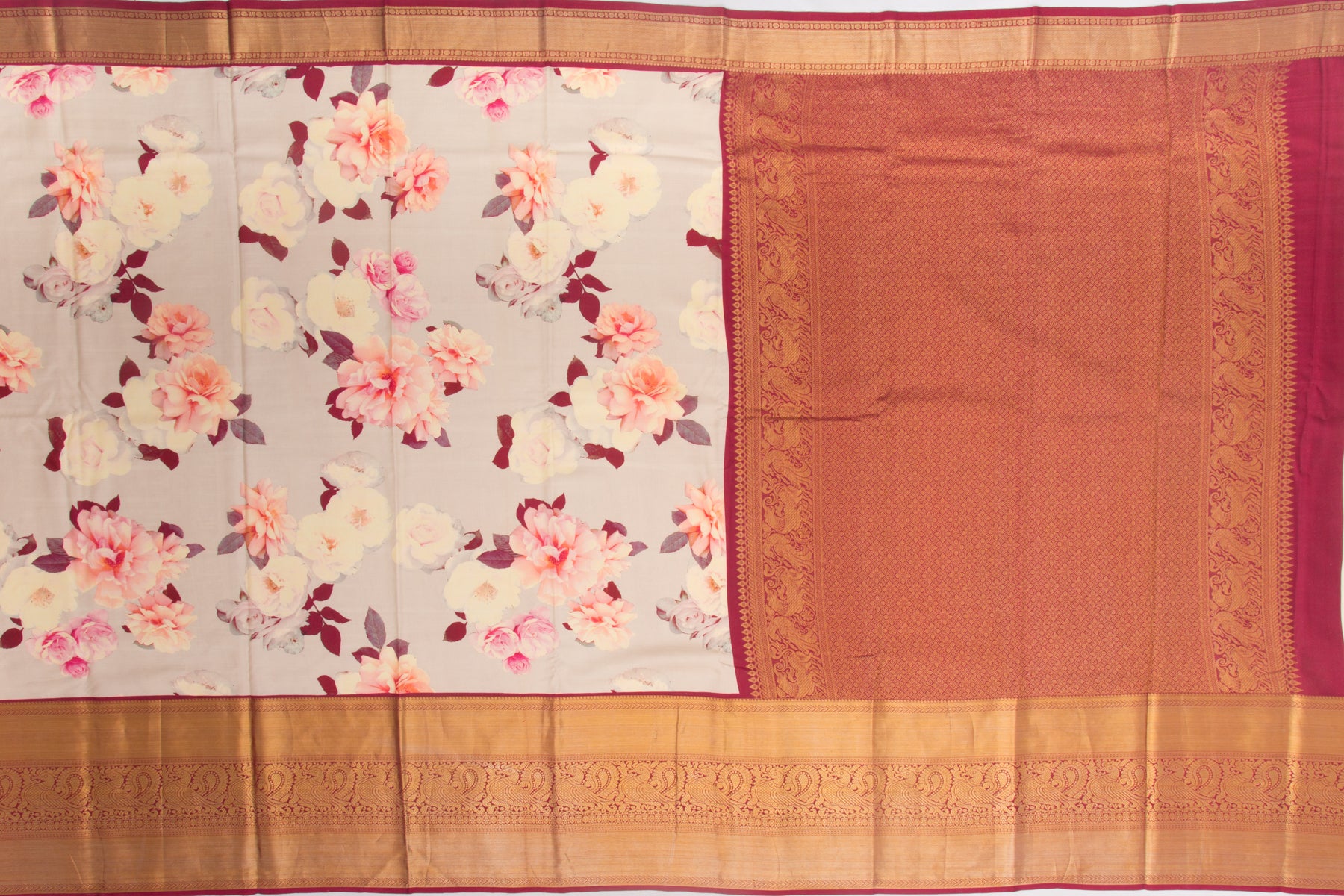 Kanchipuram Silk Printed Cream Saree