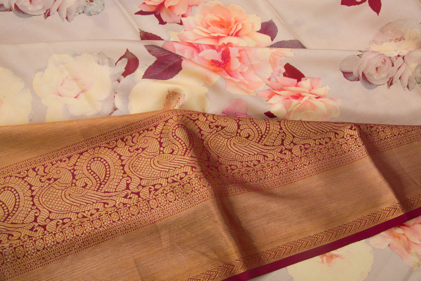 Kanchipuram Silk Printed Cream Saree