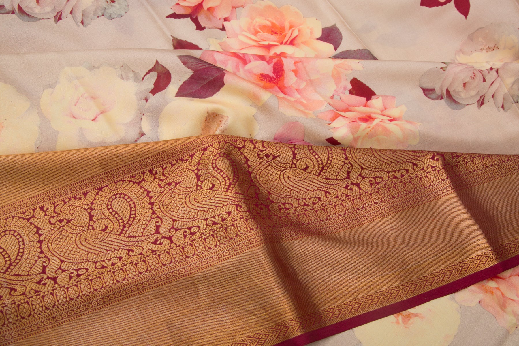 Kanchipuram Silk Printed Cream Saree