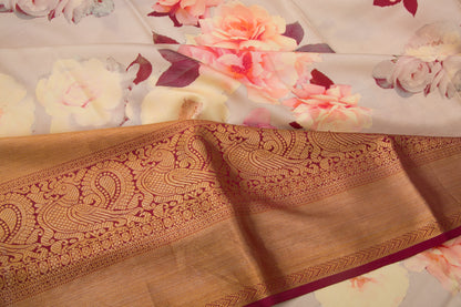 Kanchipuram Silk Printed Cream Saree