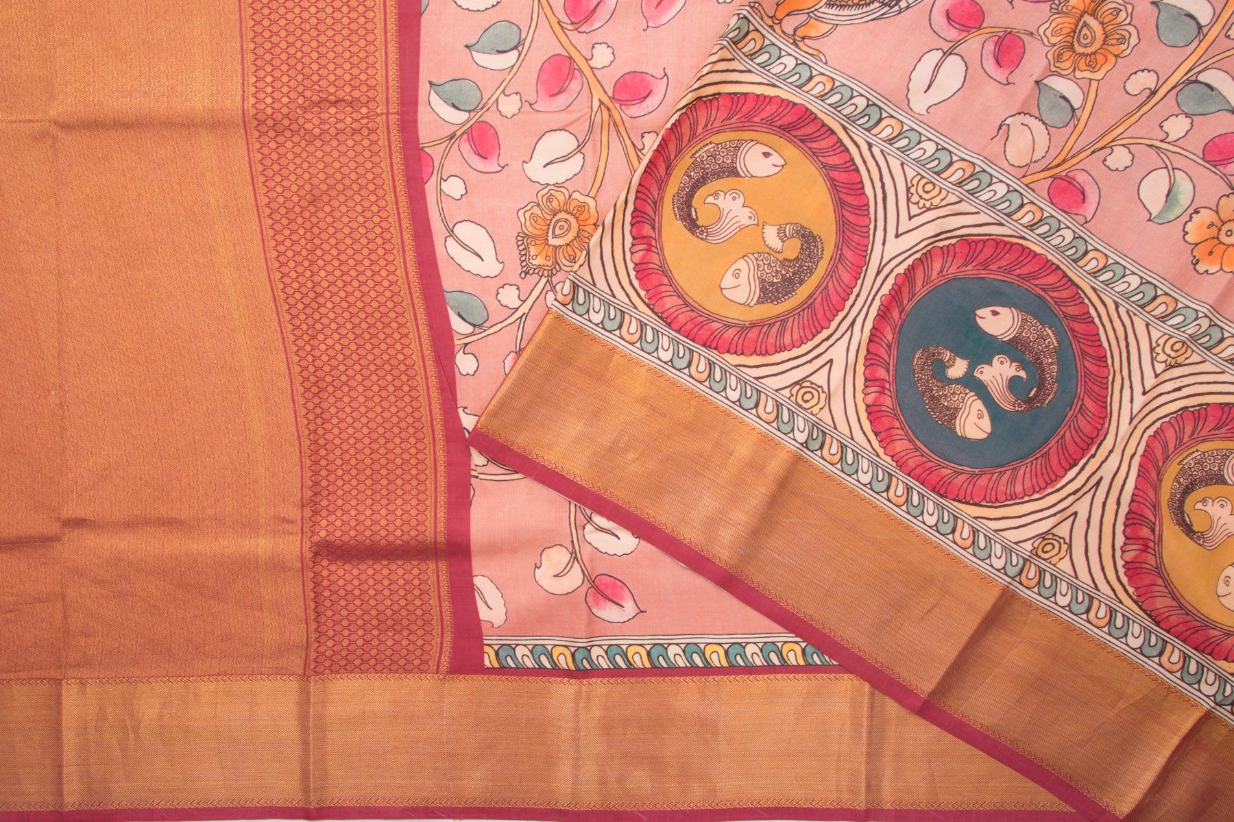 Kanchipuram Silk Floral Printed Peach Saree