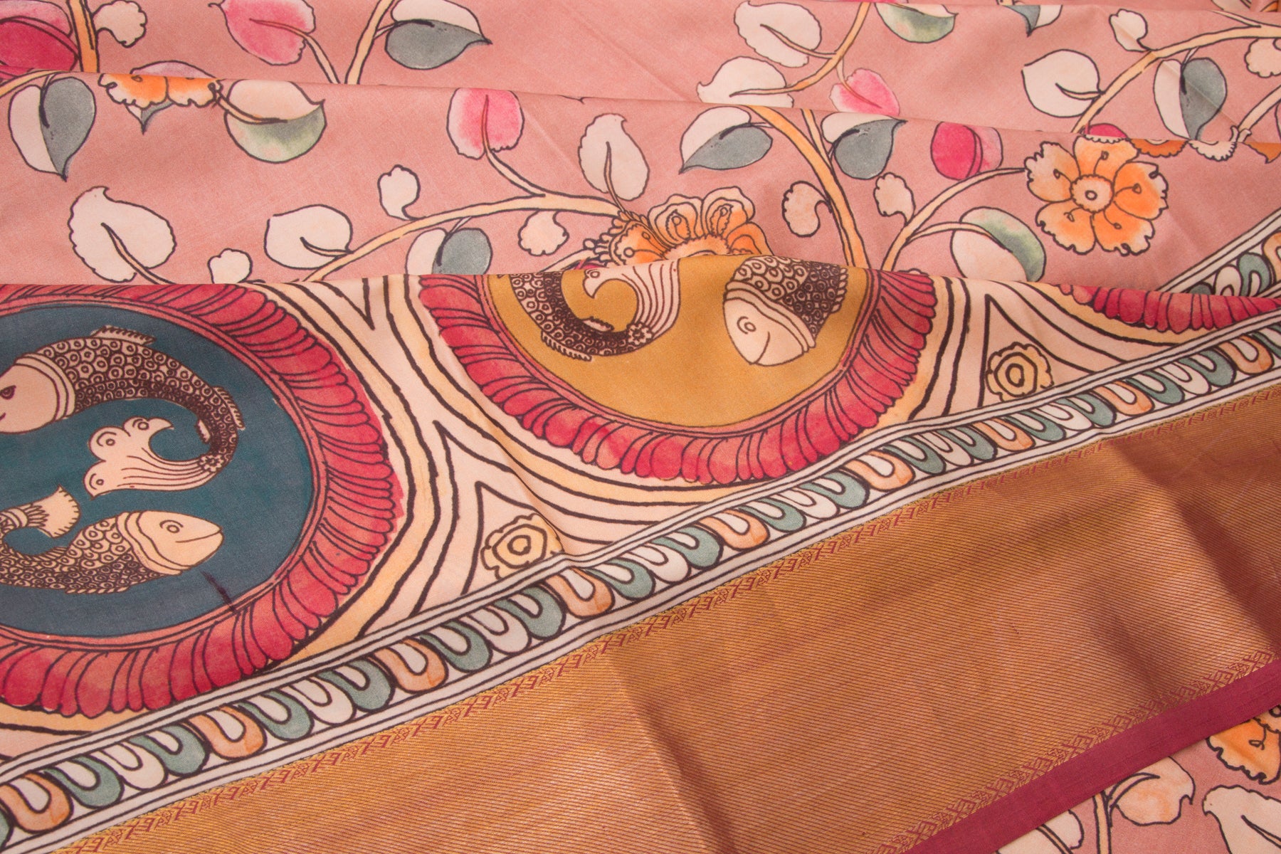 Kanchipuram Silk Floral Printed Peach Saree