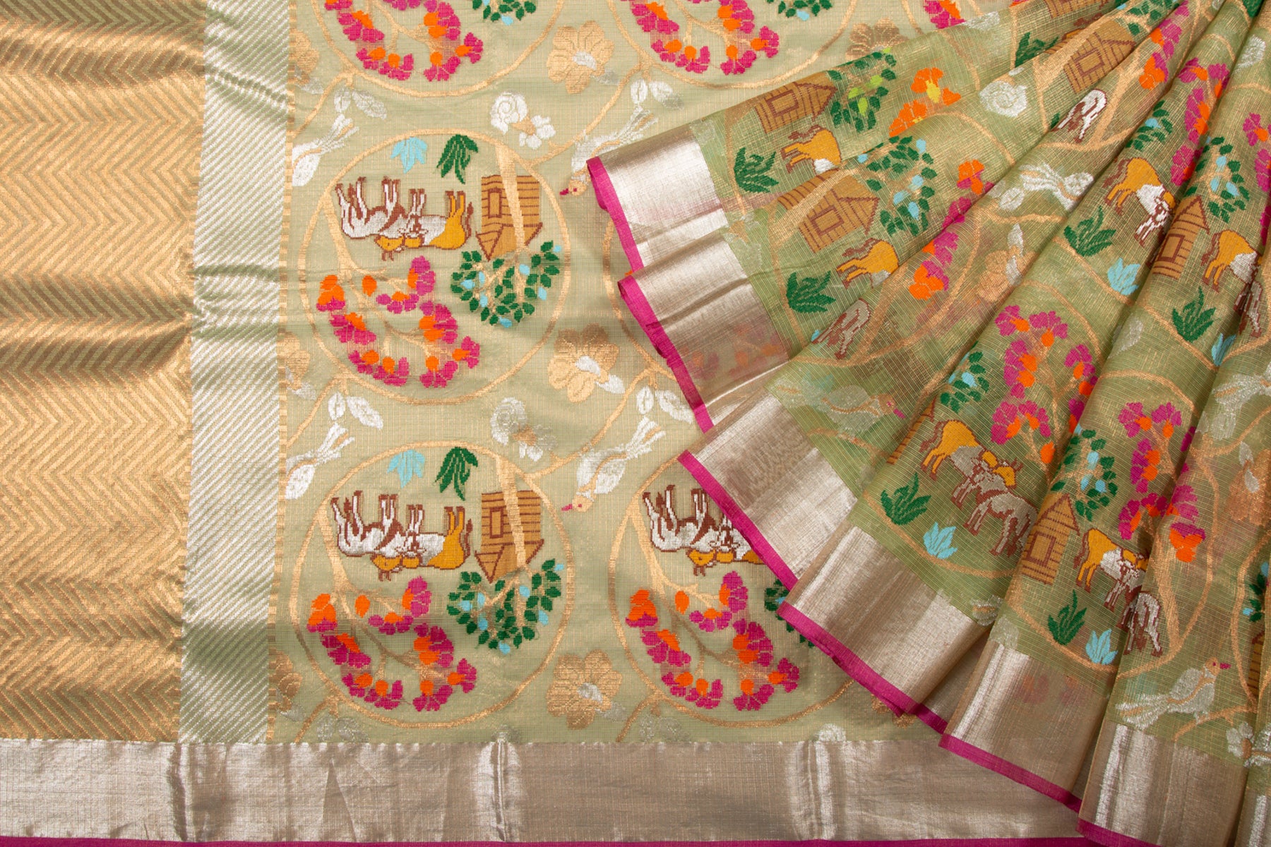 Kota Silk Tissue Jamdani Green Saree