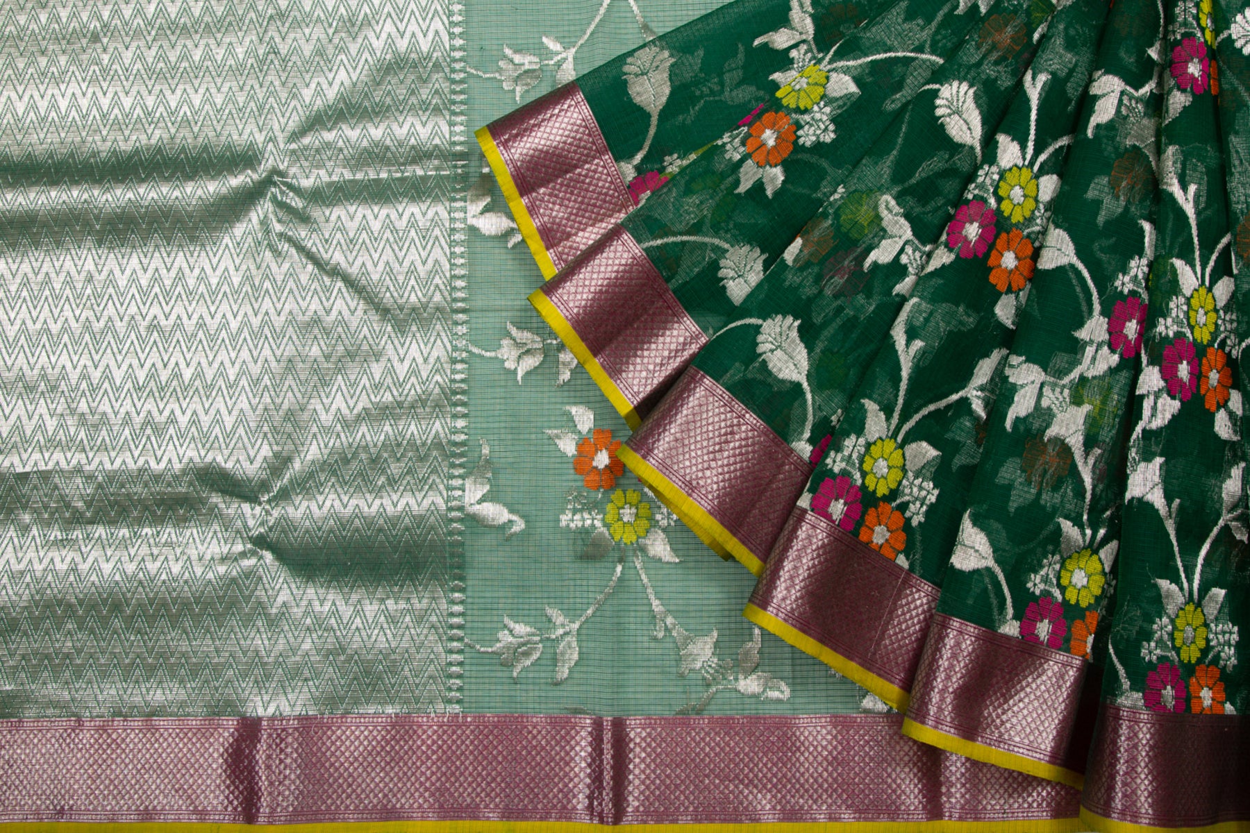 Kota Silk Jaal Dark Green Saree