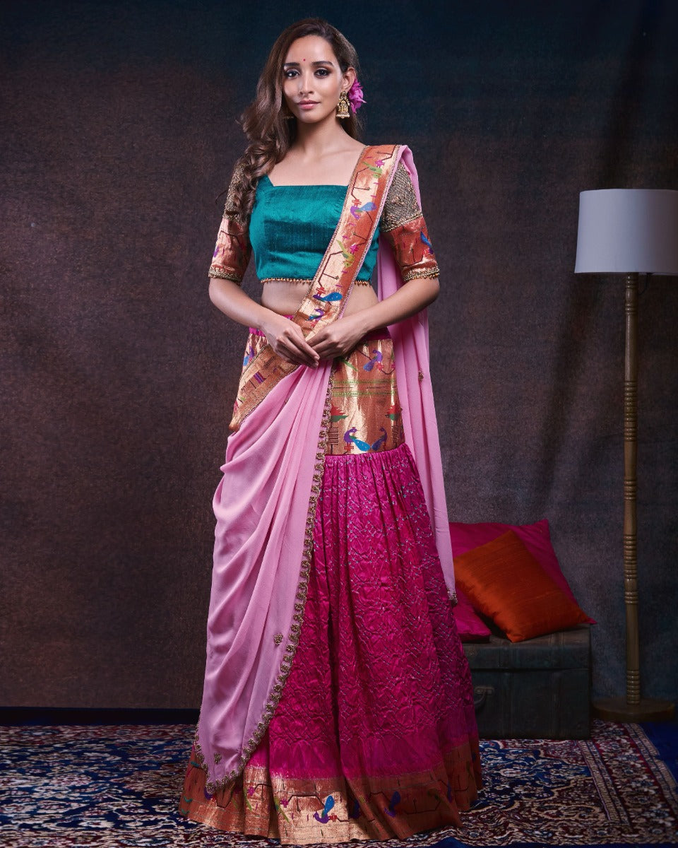Bandhani Silk Pink Lehenga With Paithani and Georgette Fusion