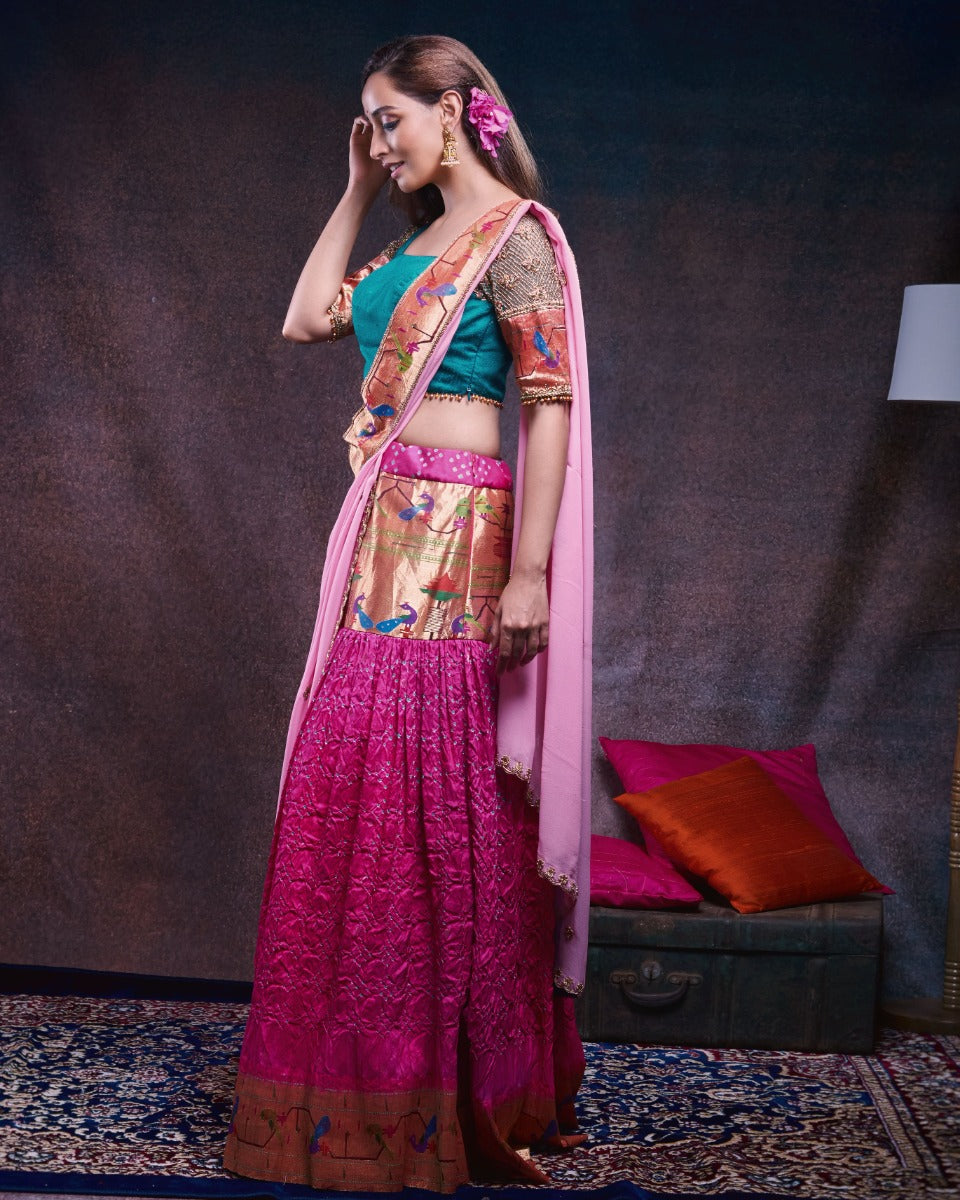 Bandhani Silk Pink Lehenga With Paithani and Georgette Fusion