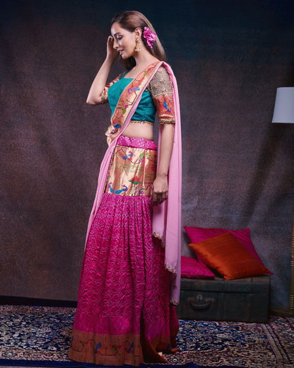 Bandhani Silk Pink Lehenga With Paithani and Georgette Fusion