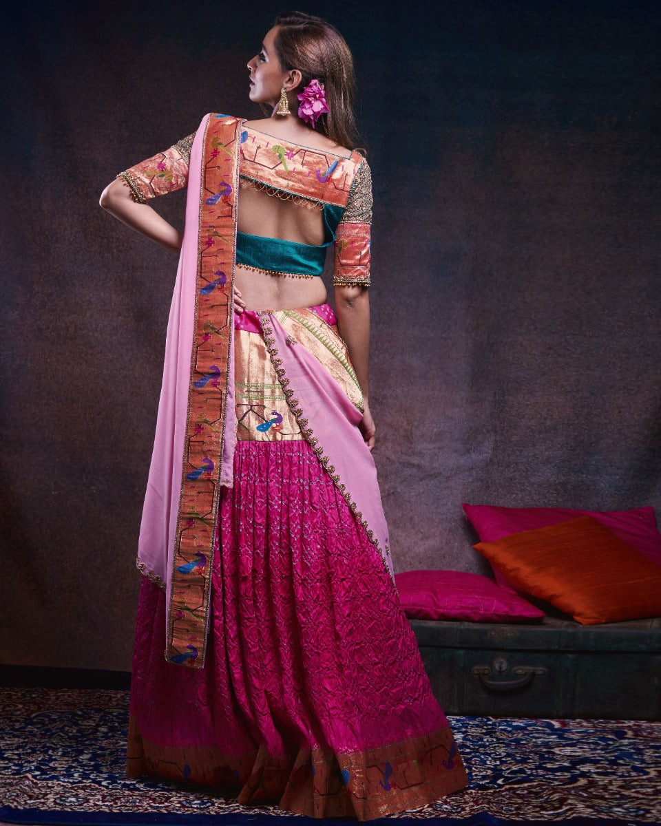 Bandhani Silk Pink Lehenga With Paithani and Georgette Fusion
