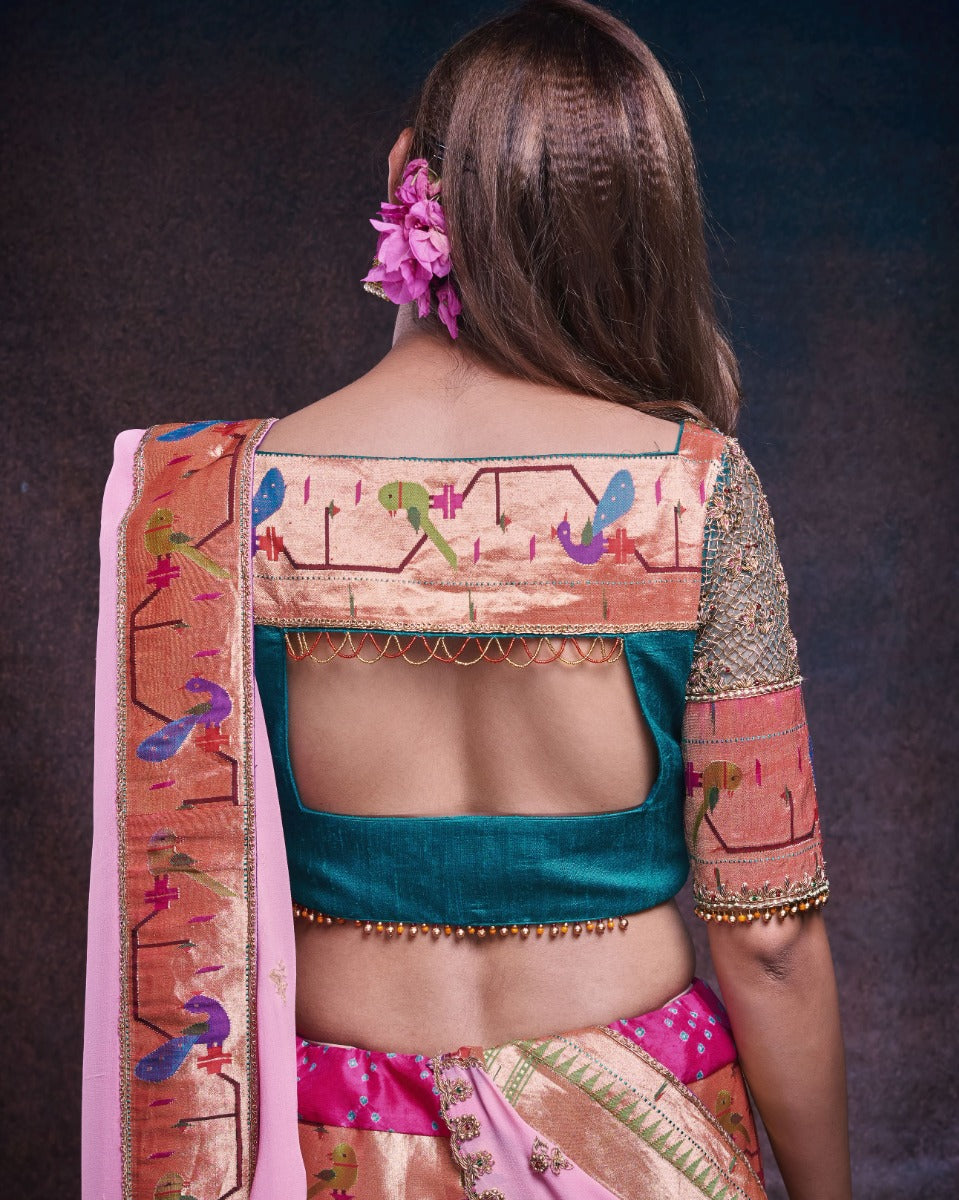 Bandhani Silk Pink Lehenga With Paithani and Georgette Fusion