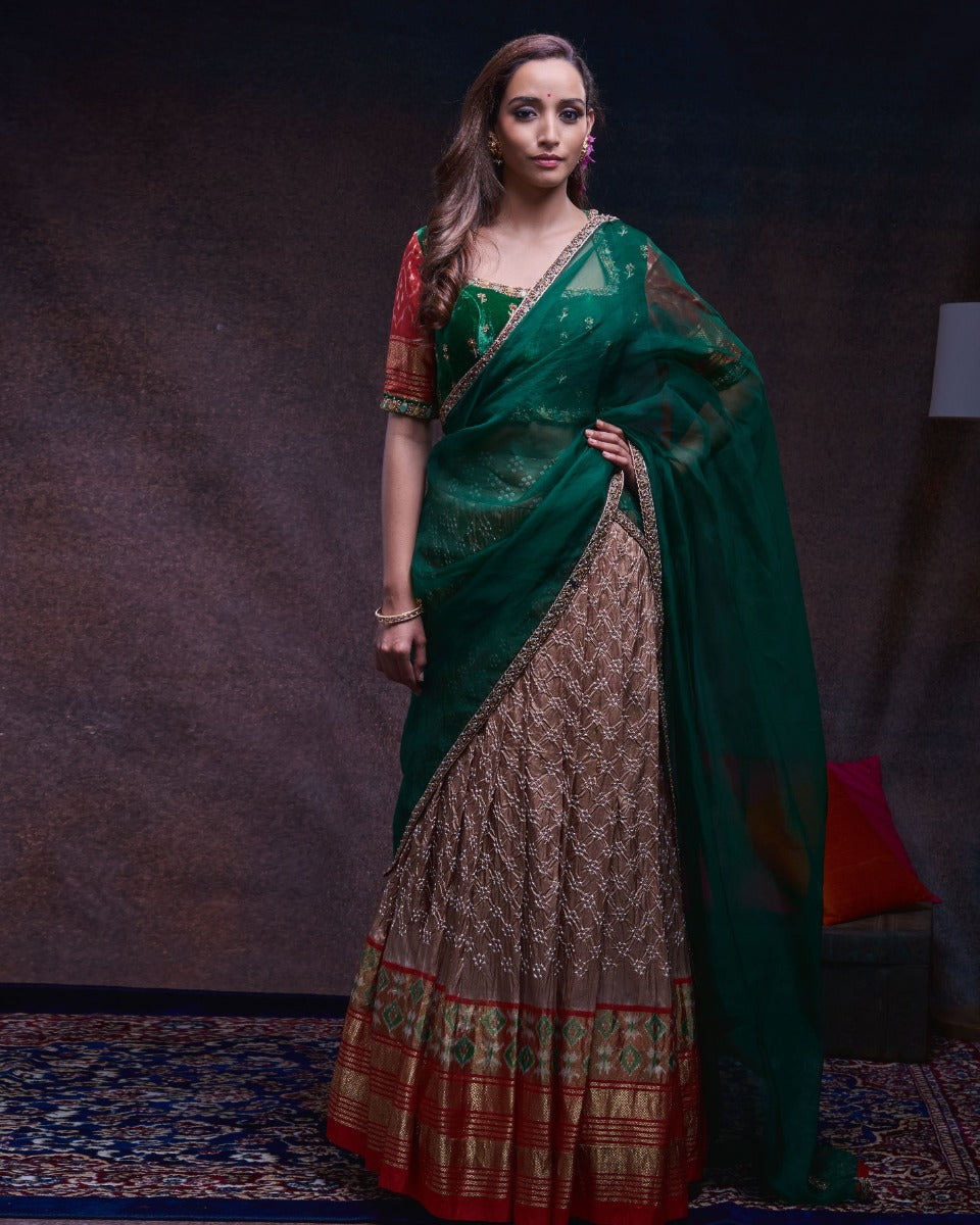 Bandhani Silk Ikat Brown Lehenga With Tussar And Georgette Fusion