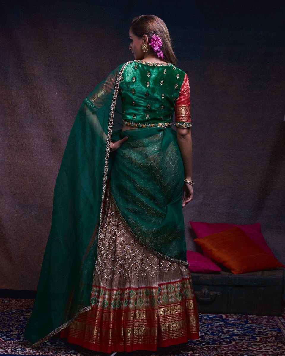 Bandhani Silk Ikat Brown Lehenga With Tussar And Georgette Fusion