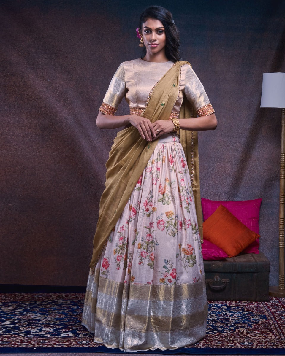 Kanchipuram Silk Floral Printed Cream Lehenga With Organza Fusion