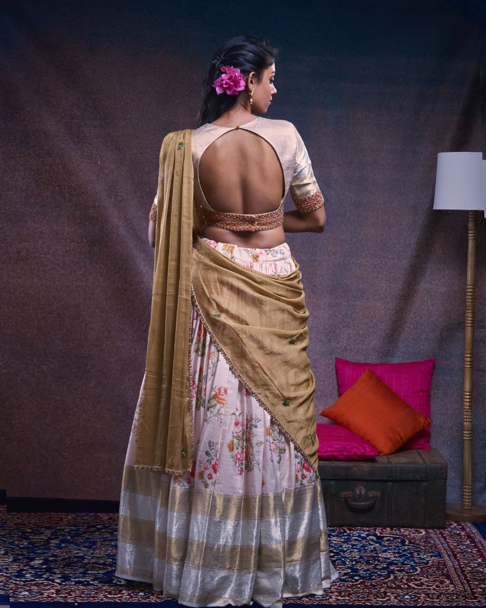 Kanchipuram Silk Floral Printed Cream Lehenga With Organza Fusion