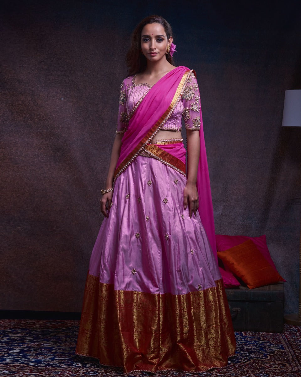 Kanchipuram Silk Butta Pink Lehenga With Net And Georgette Fusion
