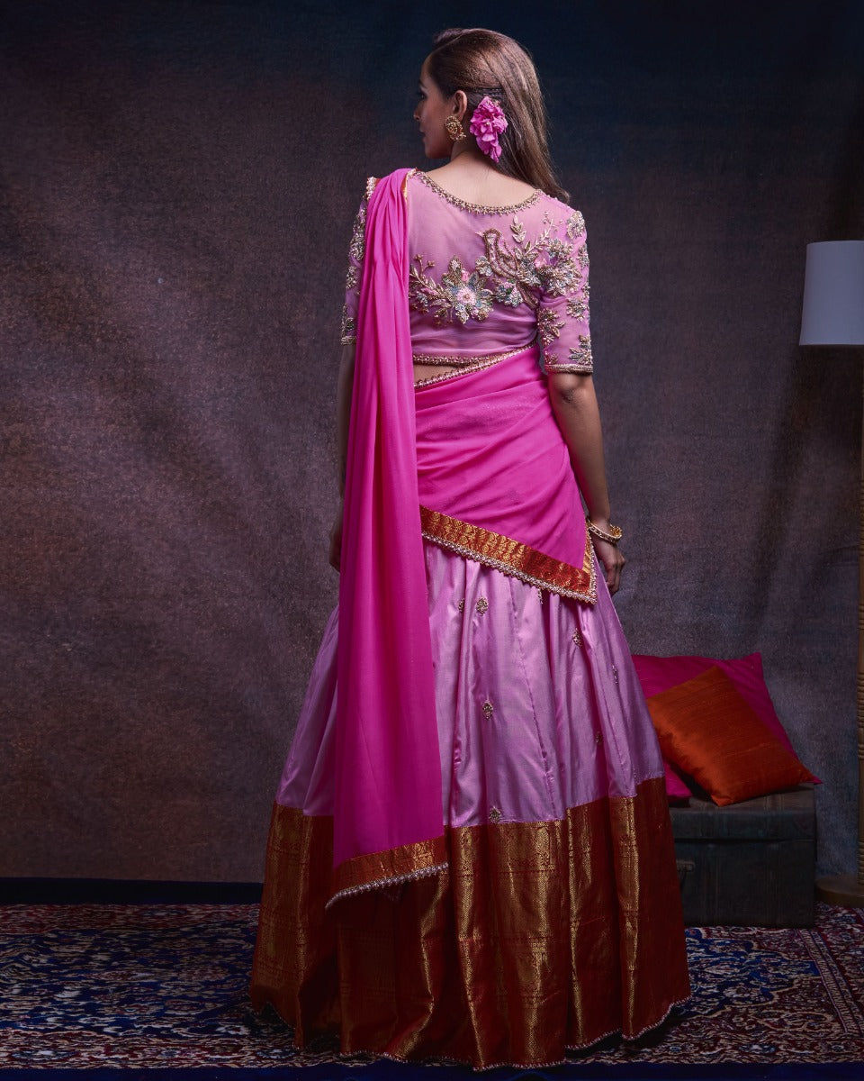 Kanchipuram Silk Butta Pink Lehenga With Net And Georgette Fusion