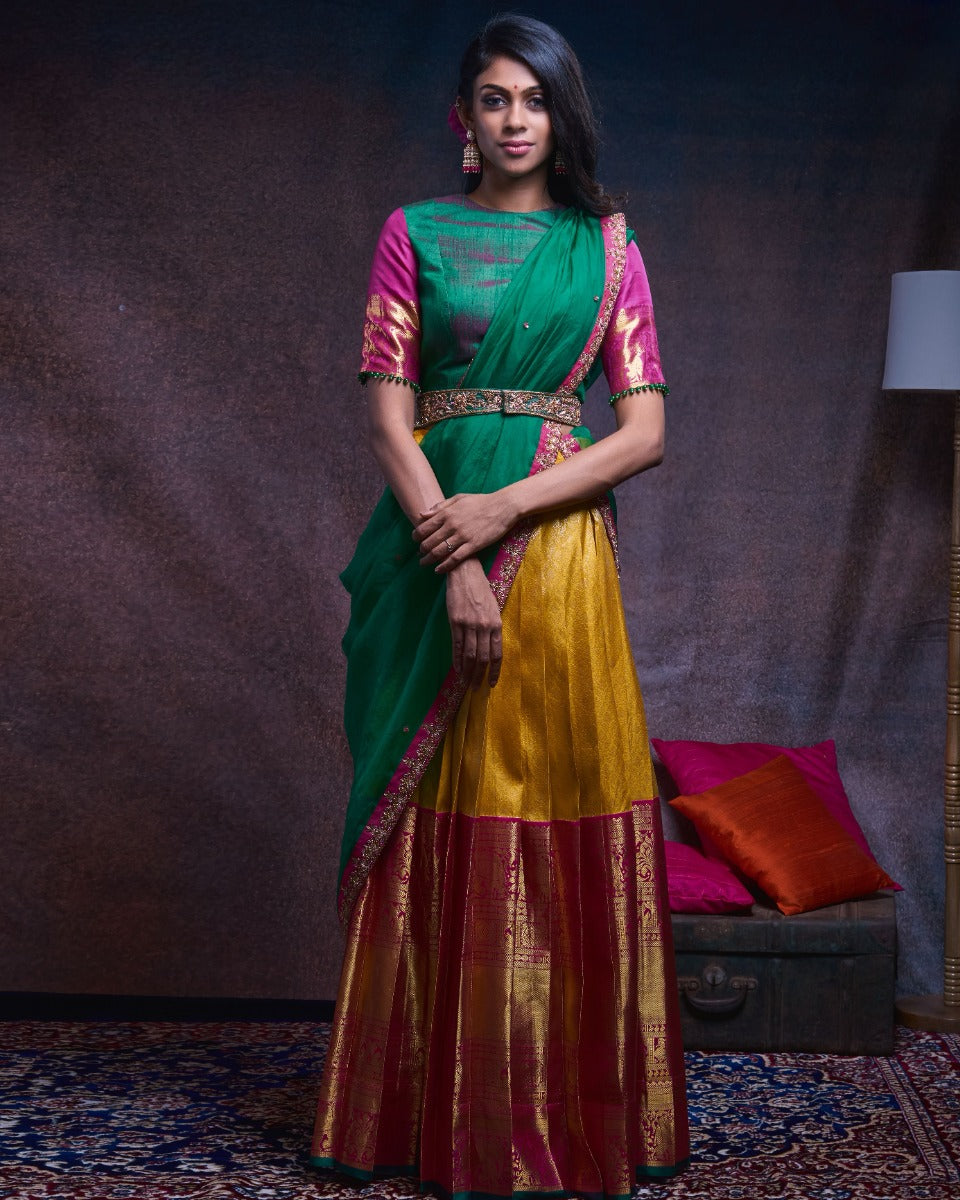 Kanchipuram Silk Brocade Yellow Lehenga With Organza And Tussar Fusion