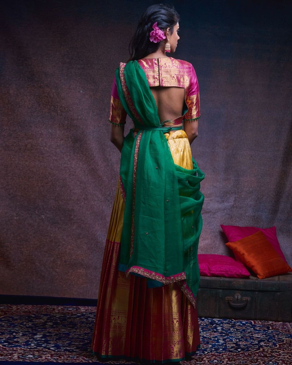 Kanchipuram Silk Brocade Yellow Lehenga With Organza And Tussar Fusion