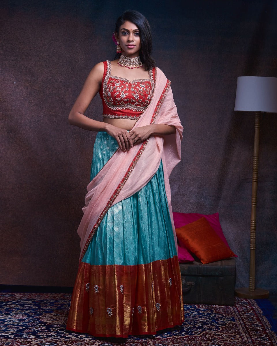 Kanchipuram Silk Tissue Brocade Sky Blue Lehenga With Tussar Fusion