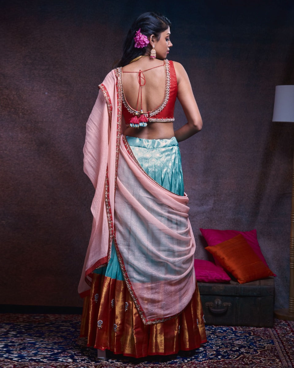 Kanchipuram Silk Tissue Brocade Sky Blue Lehenga With Tussar Fusion