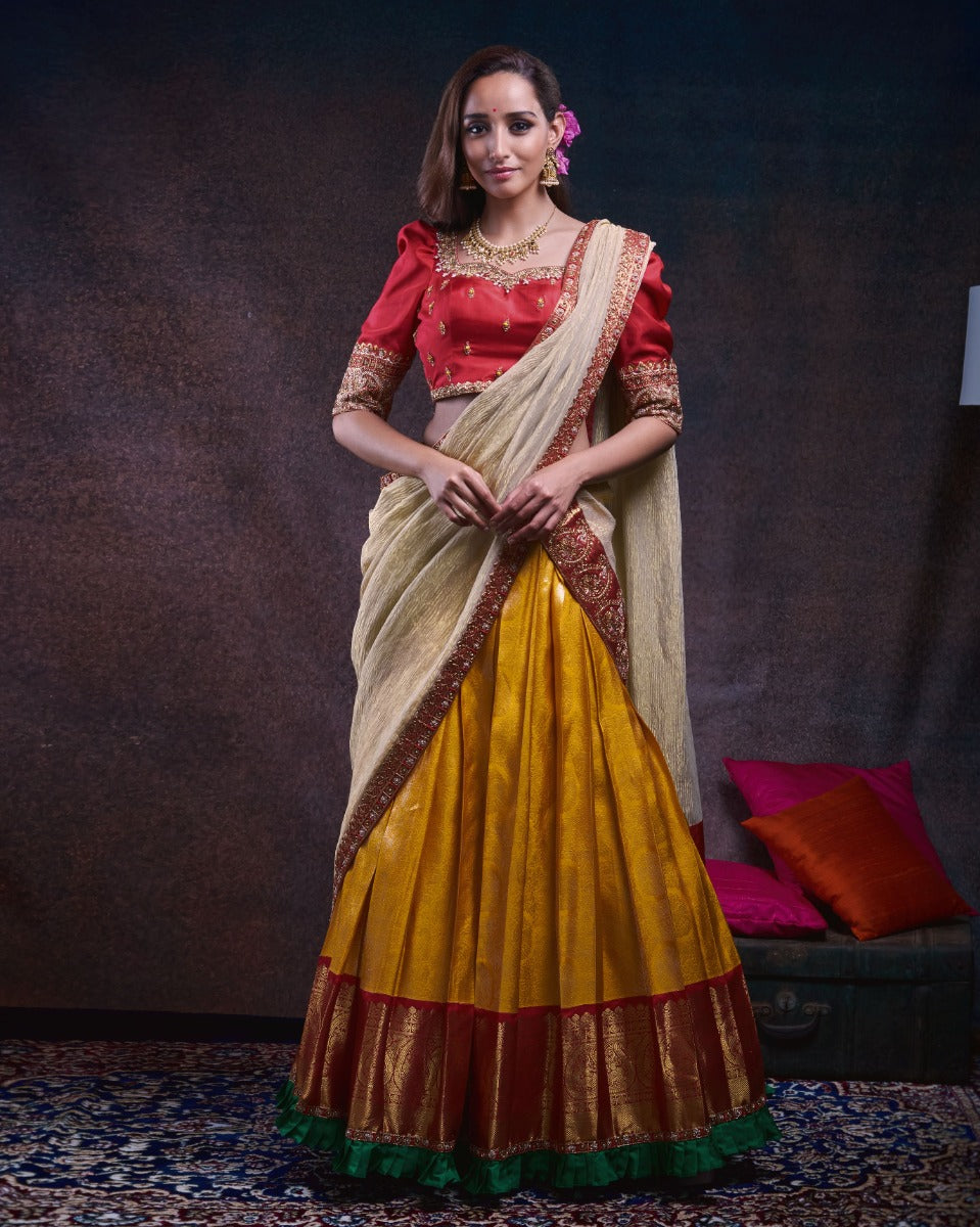 Kanchipuram Silk Brocade Yellow Lehenga With Georgette Fusion
