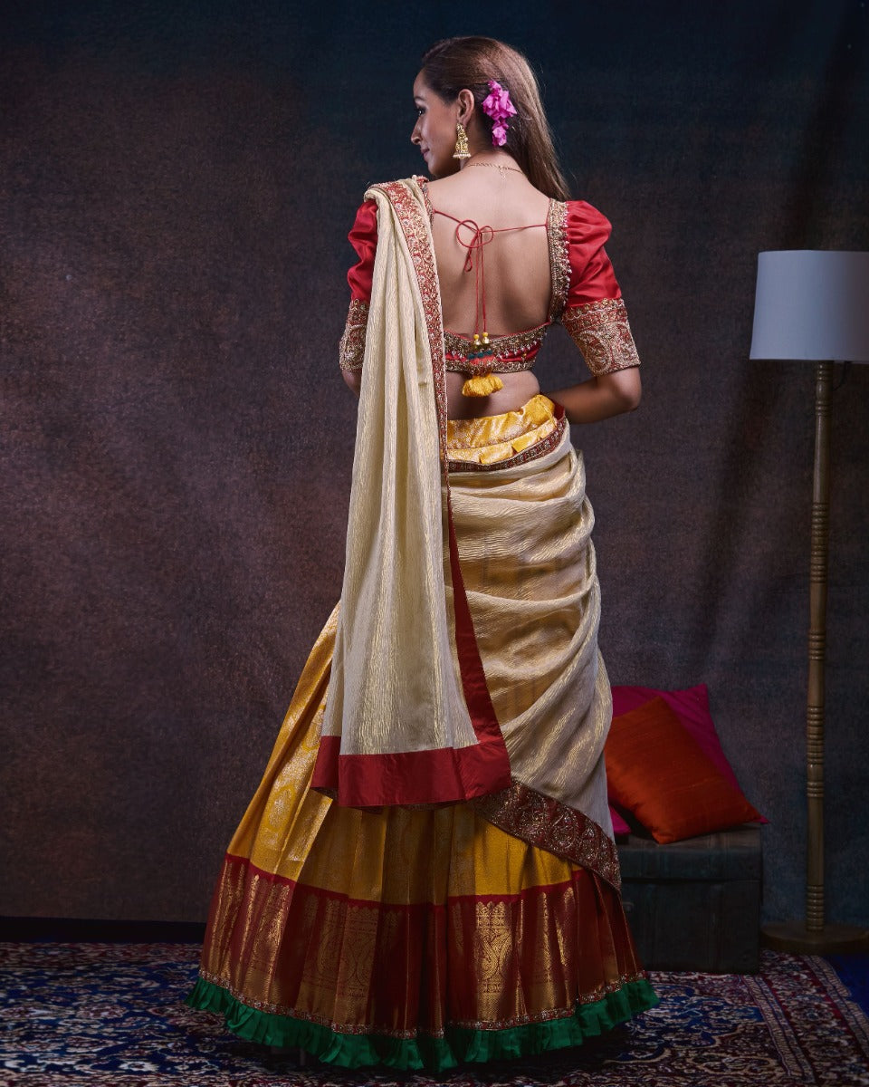 Kanchipuram Silk Brocade Yellow Lehenga With Georgette Fusion