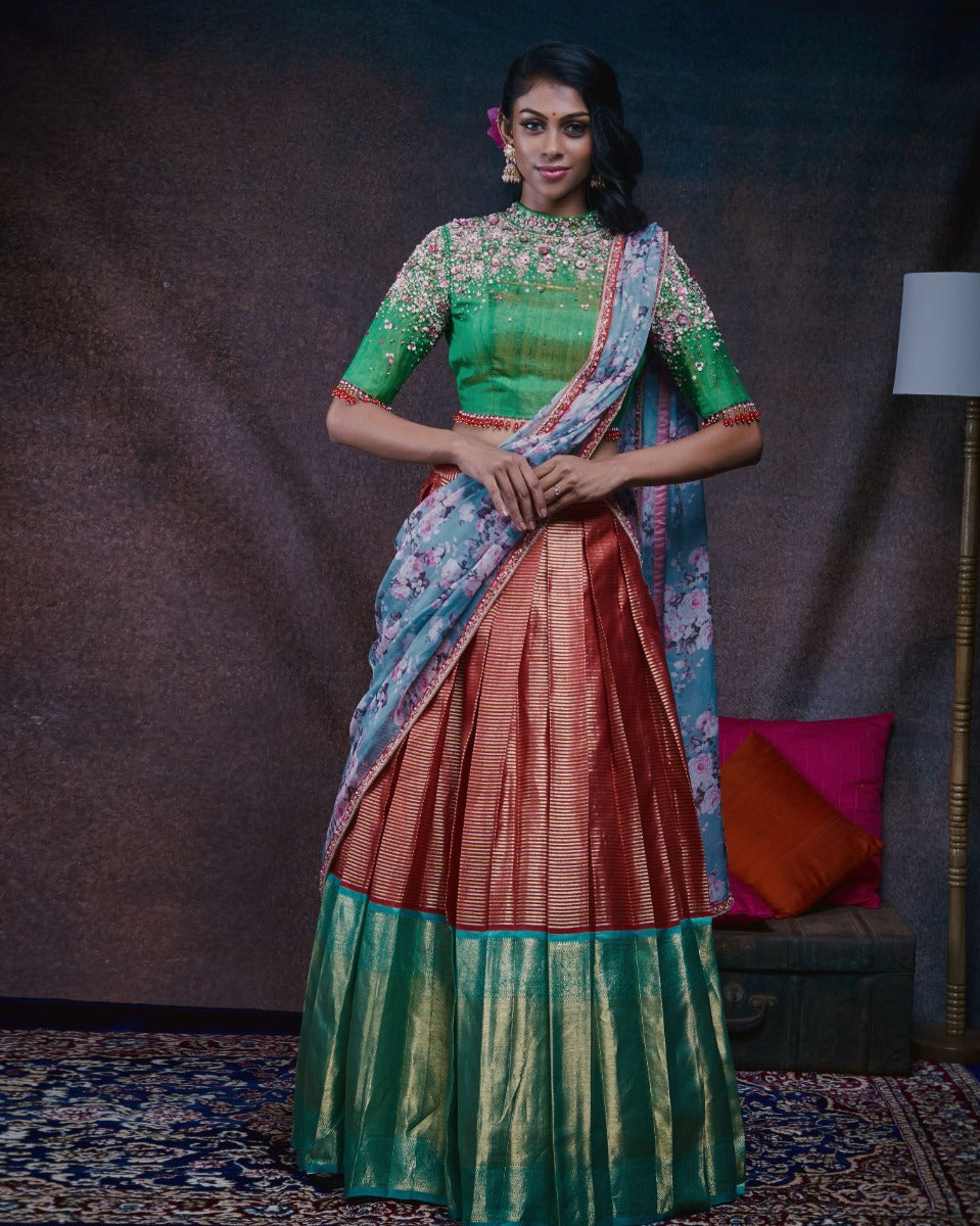 Kanchipuram Silk Horizontal Lines Maroon Lehenga With Organza And Tussar Fusion