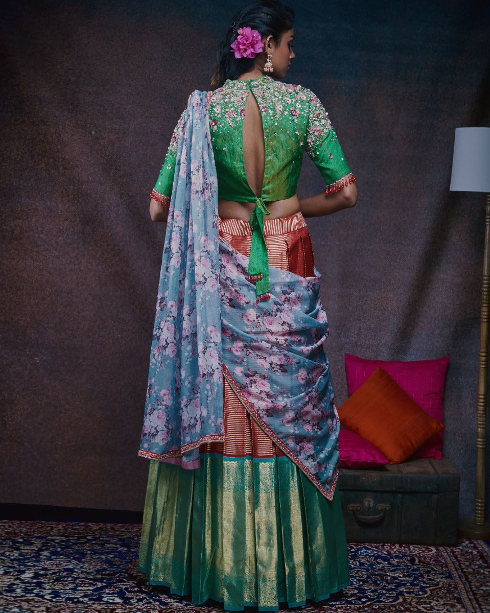 Kanchipuram Silk Horizontal Lines Maroon Lehenga With Organza And Tussar Fusion