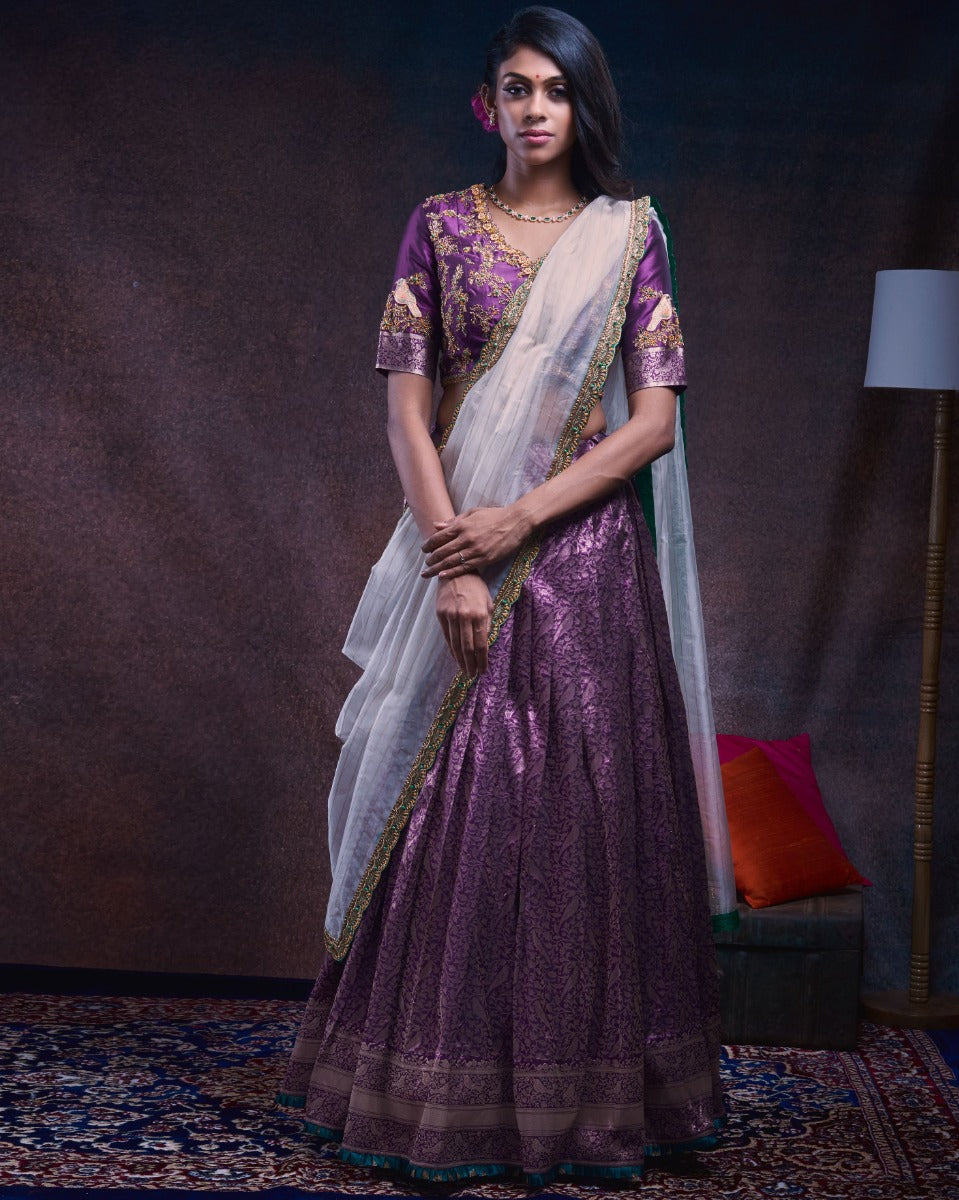 Banarasi Silk Brocade Purple Lehenga With Organza Fusion