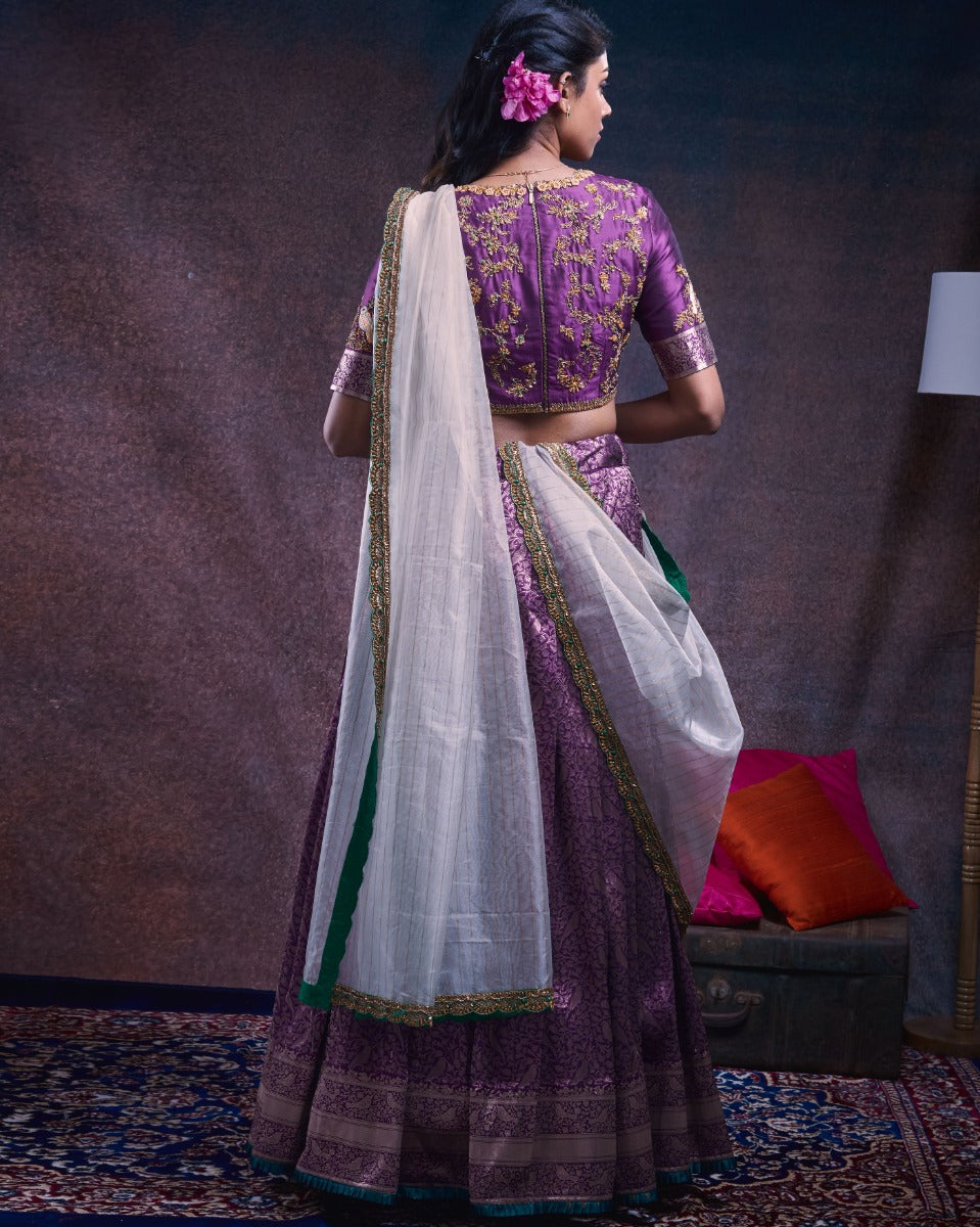 Banarasi Silk Brocade Purple Lehenga With Organza Fusion