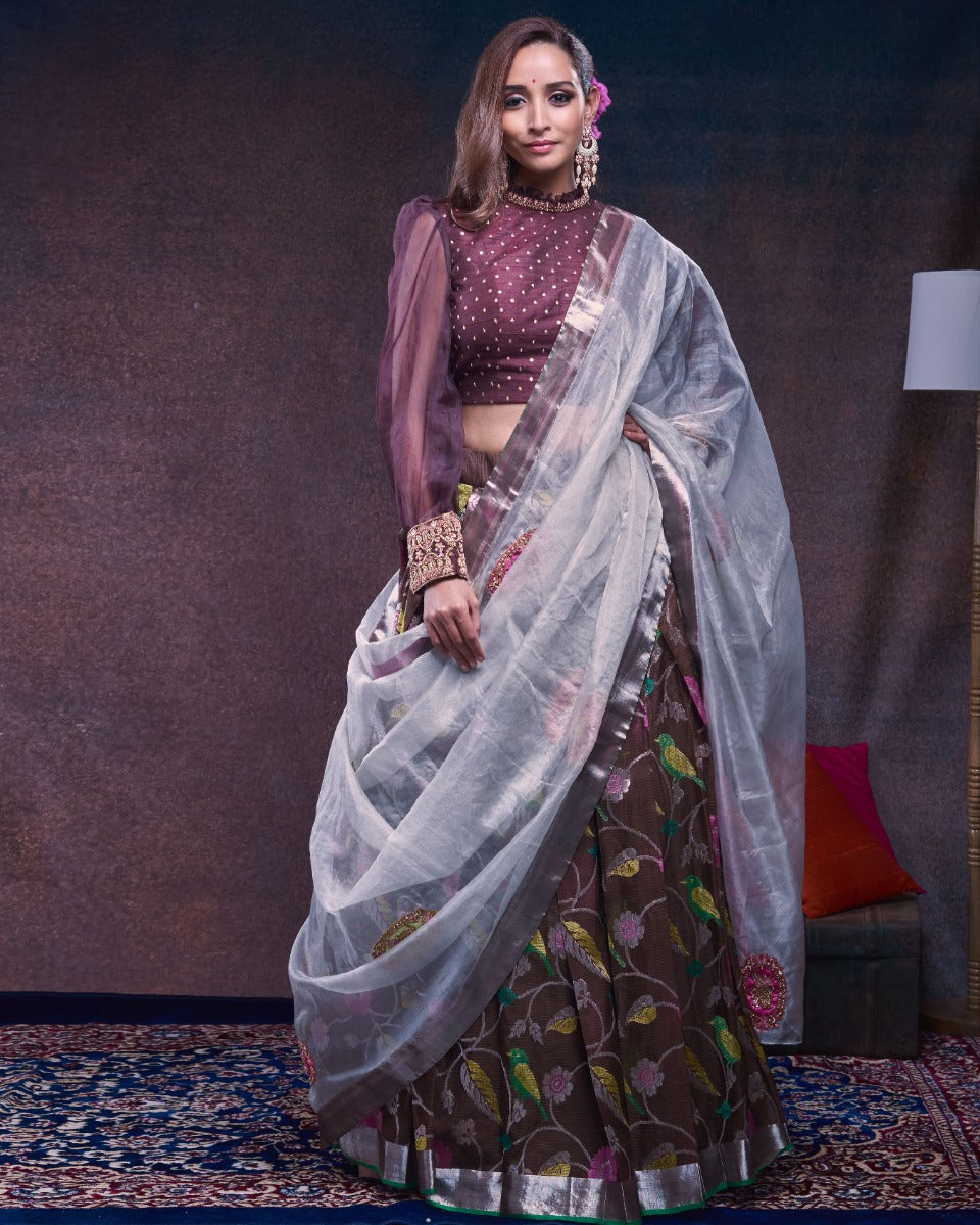 Kota Silk Jamdani Brown Lehenga With Organza And Tussar Fusion